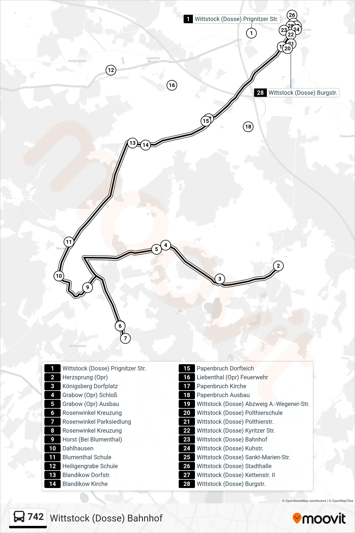 Linie 742 (Bus) Richtung Wittstock (Dosse) Bahnhof: Route und Haltestellen auf der Karte
