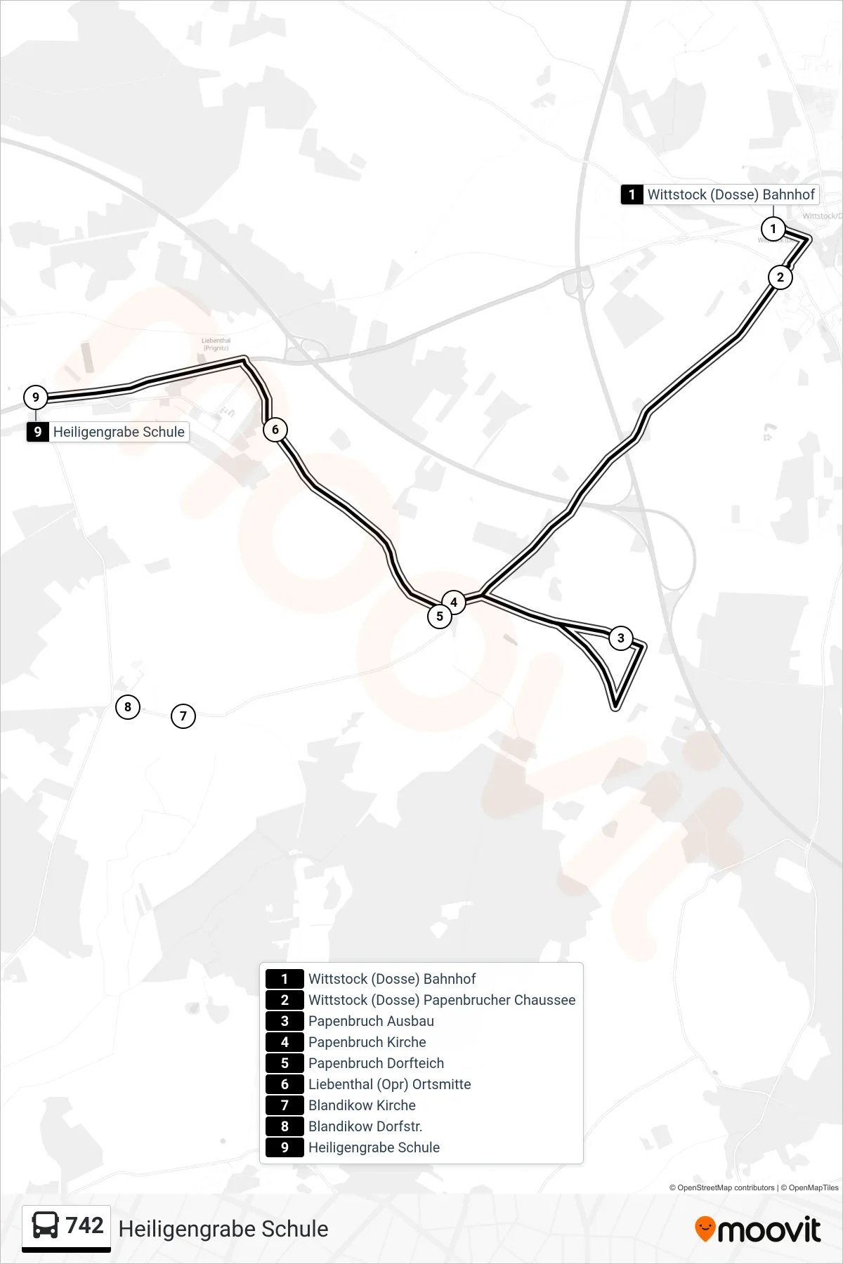742 bus Line (Heiligengrabe Schule) route and stops on a map