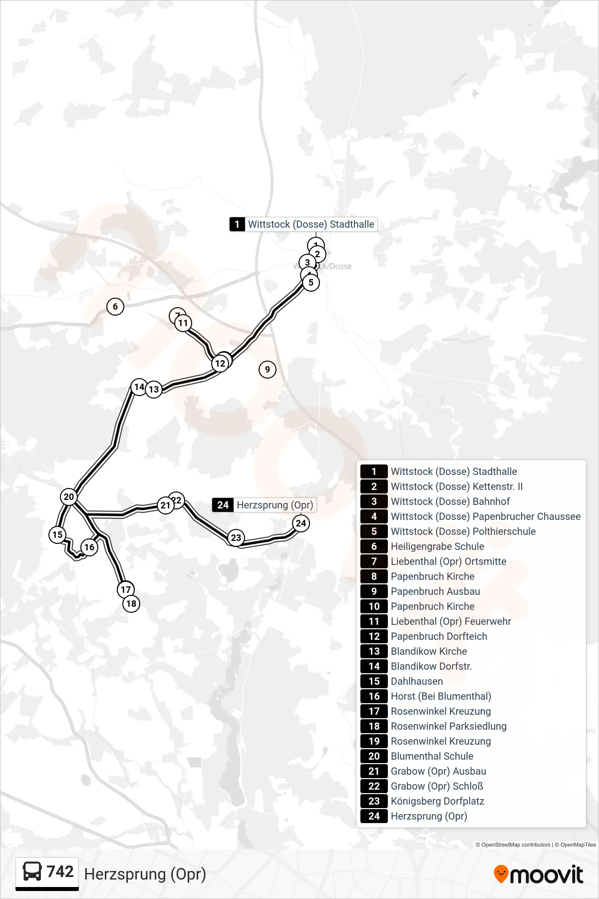 Linie 742 (Bus) Richtung Herzsprung (Opr): Route und Haltestellen auf der Karte