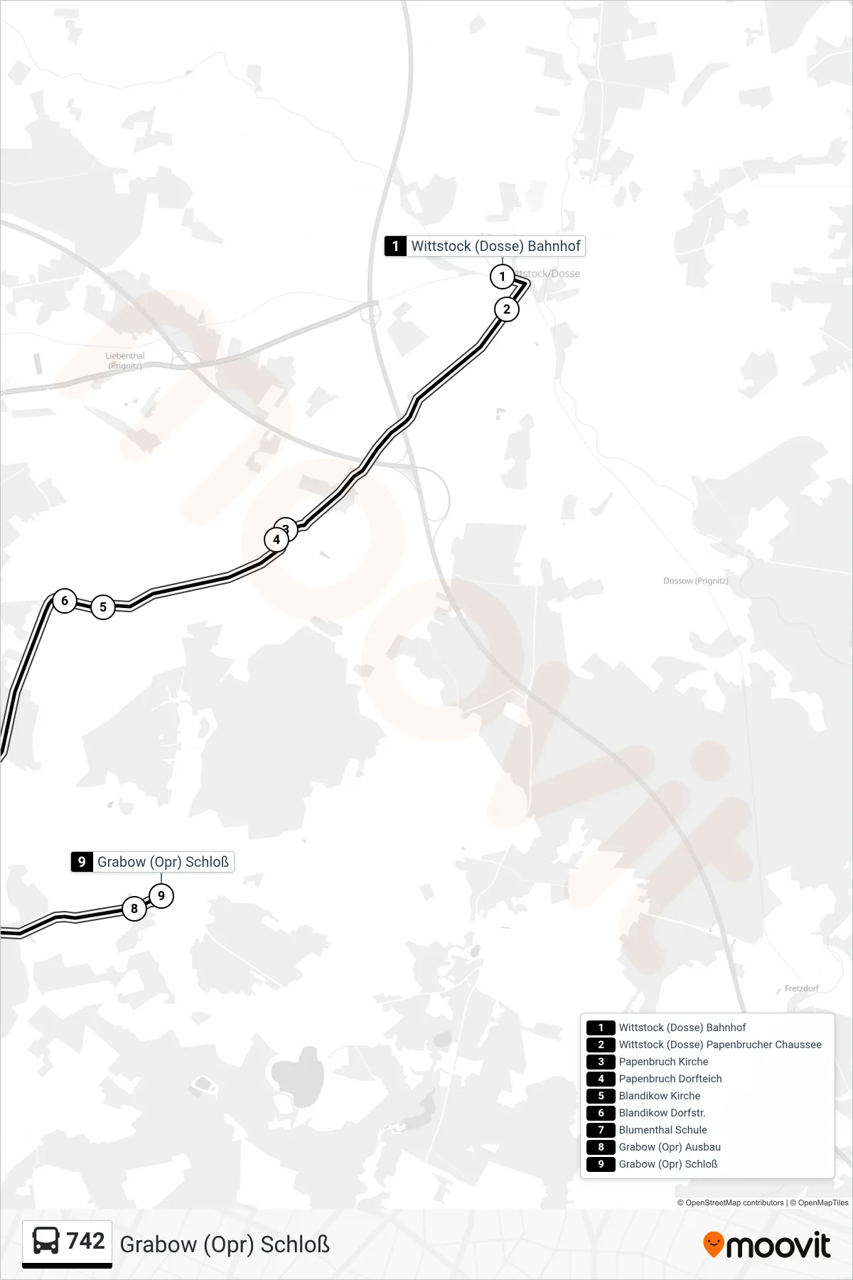 Linie 742 (Bus) Richtung Grabow (Opr) Schloß: Route und Haltestellen auf der Karte