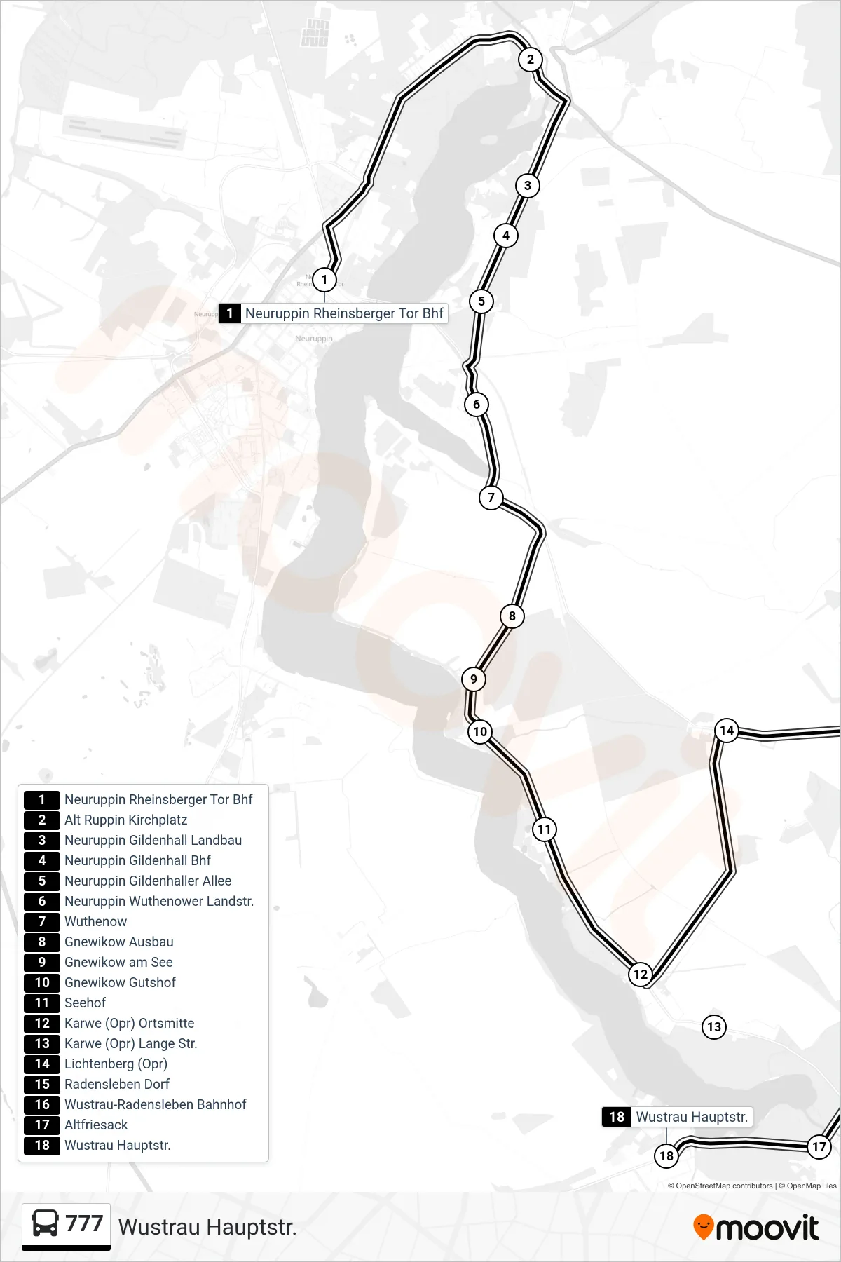 Linie 777 (Bus) Richtung Wustrau Hauptstr.: Route und Haltestellen auf der Karte