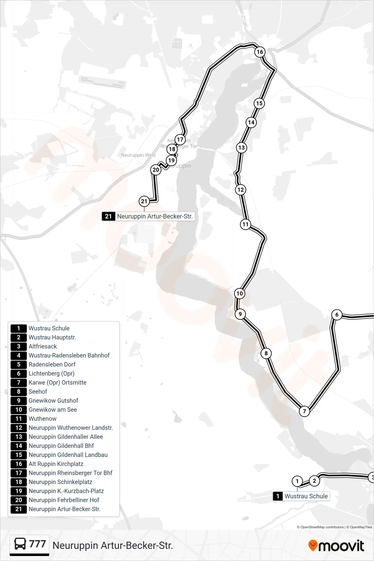 Linie 777 (Bus) Richtung Neuruppin Artur-Becker-Str.: Route und Haltestellen auf der Karte