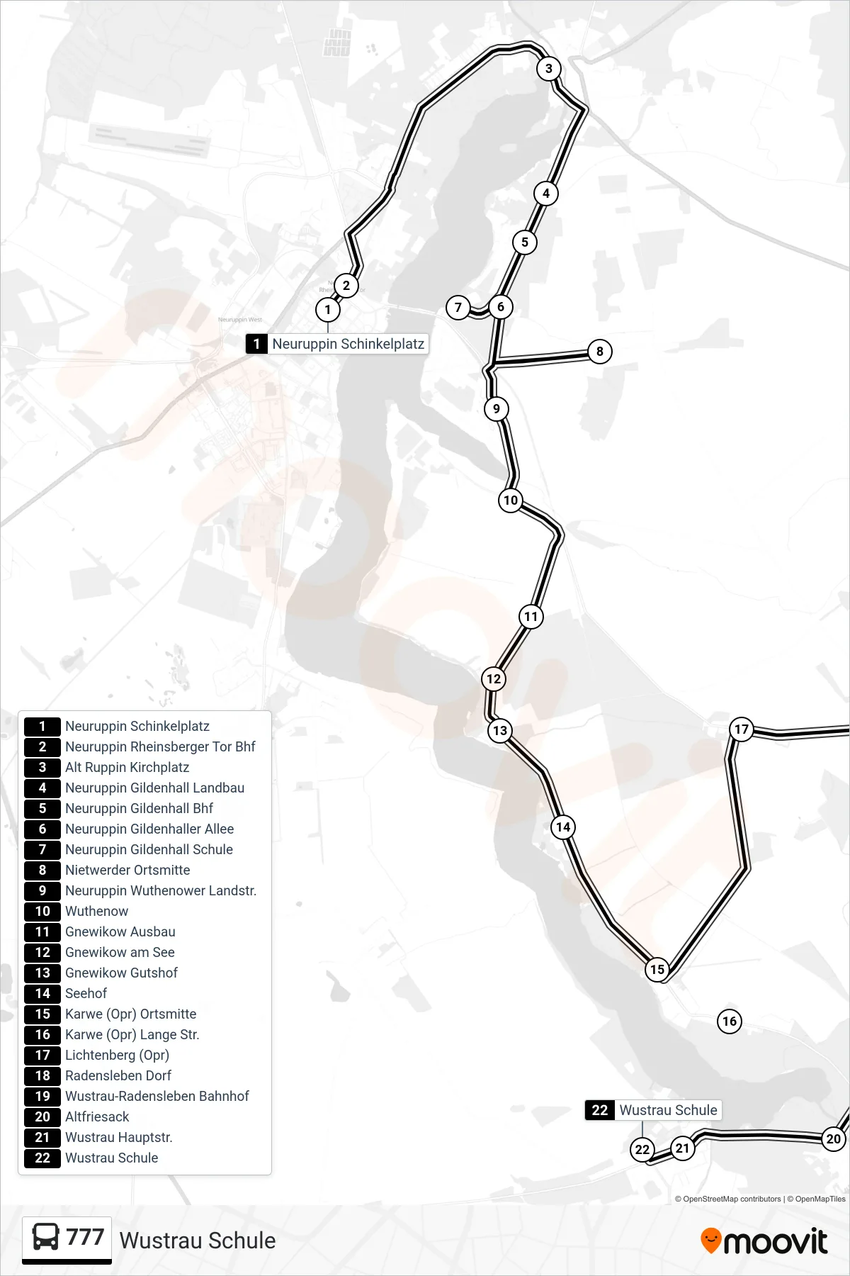 777 bus Line (Wustrau Schule) route and stops on a map