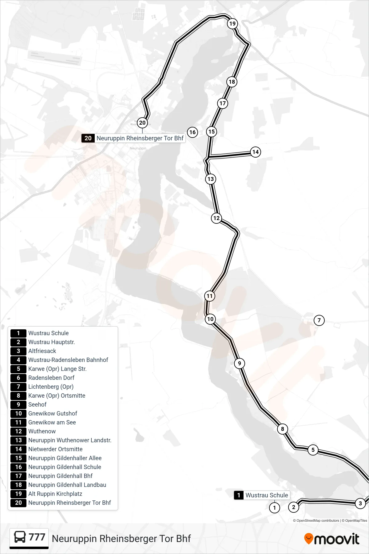Linie 777 (Bus) Richtung Neuruppin Rheinsberger Tor Bhf: Route und Haltestellen auf der Karte