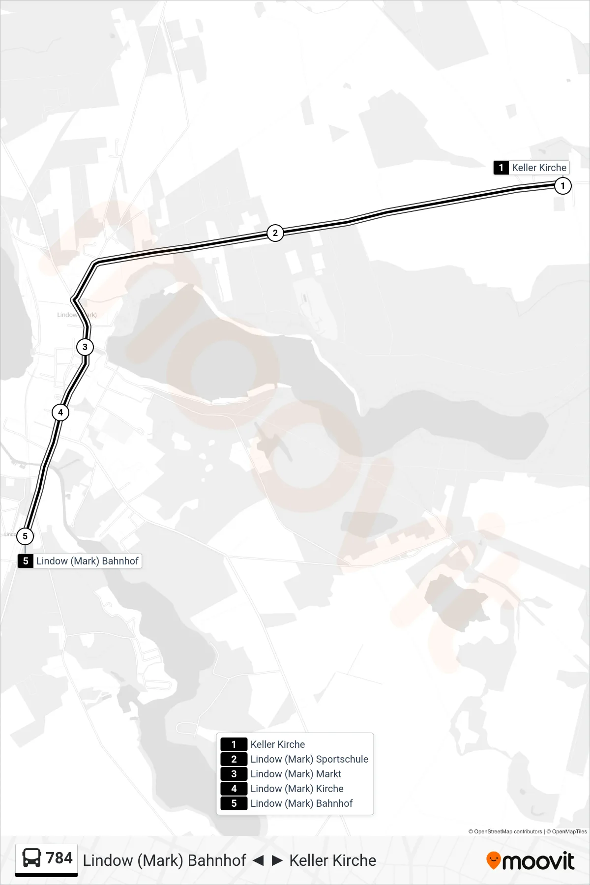 Linie 784 (Bus) Richtung Lindow (Mark) Bahnhof: Route und Haltestellen auf der Karte