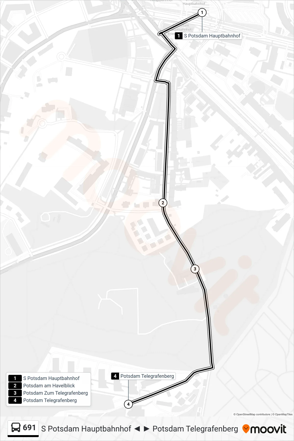 Linie 691 (Bus) Richtung Potsdam Telegrafenberg: Route und Haltestellen auf der Karte