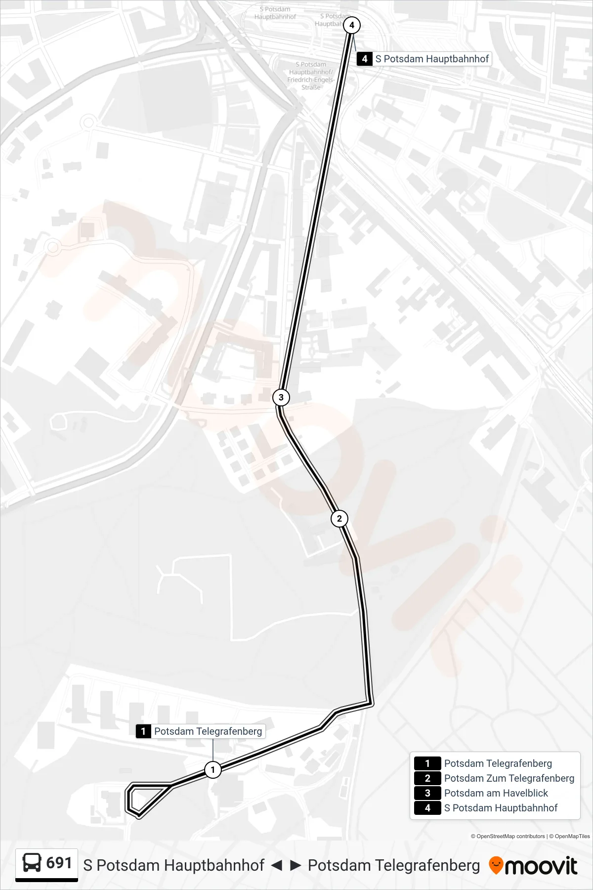 Linie 691 (Bus) Richtung S Potsdam Hauptbahnhof: Route und Haltestellen auf der Karte