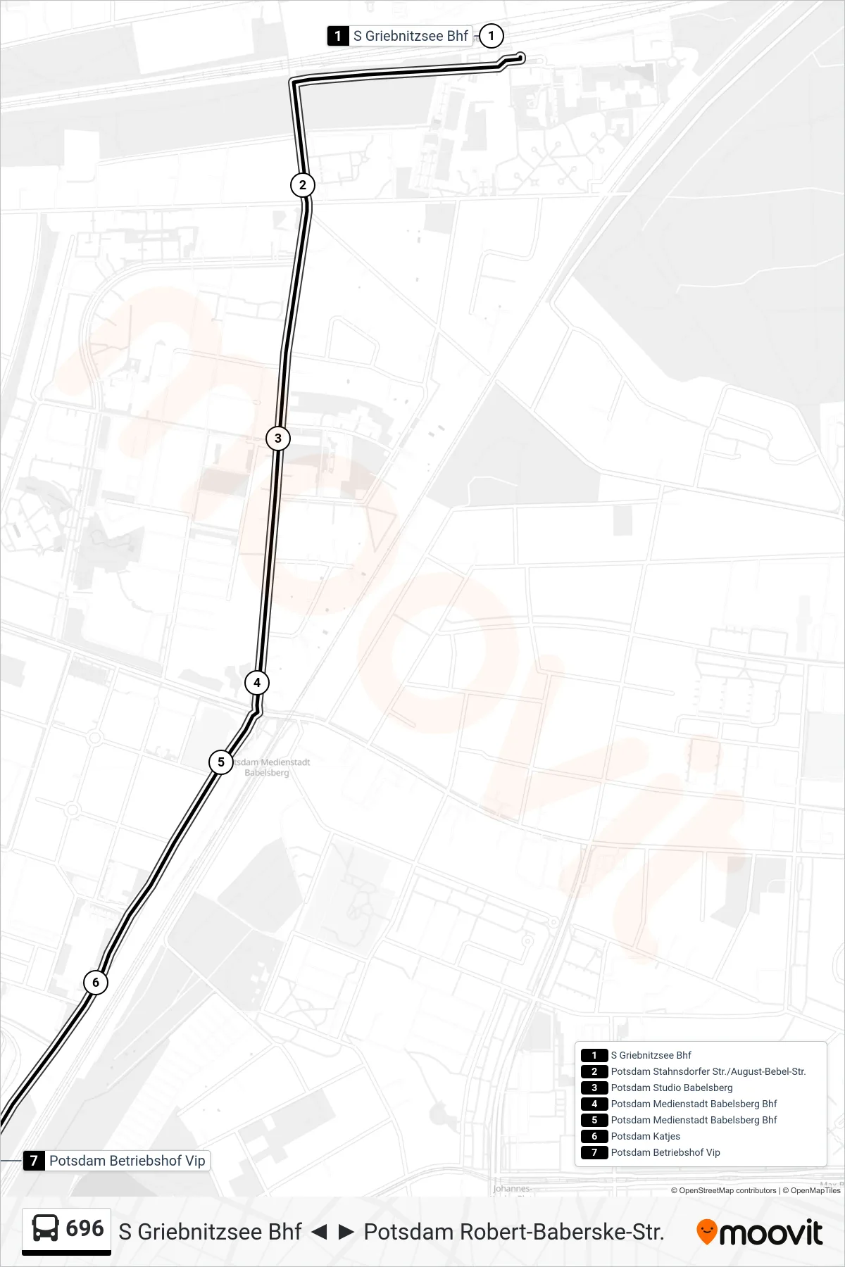 Linie 696 (Bus) Richtung Potsdam Betriebshof Vip: Route und Haltestellen auf der Karte
