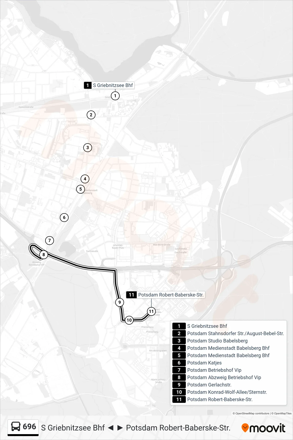 Linie 696 (Bus) Richtung Potsdam Robert-Baberske-Str.: Route und Haltestellen auf der Karte