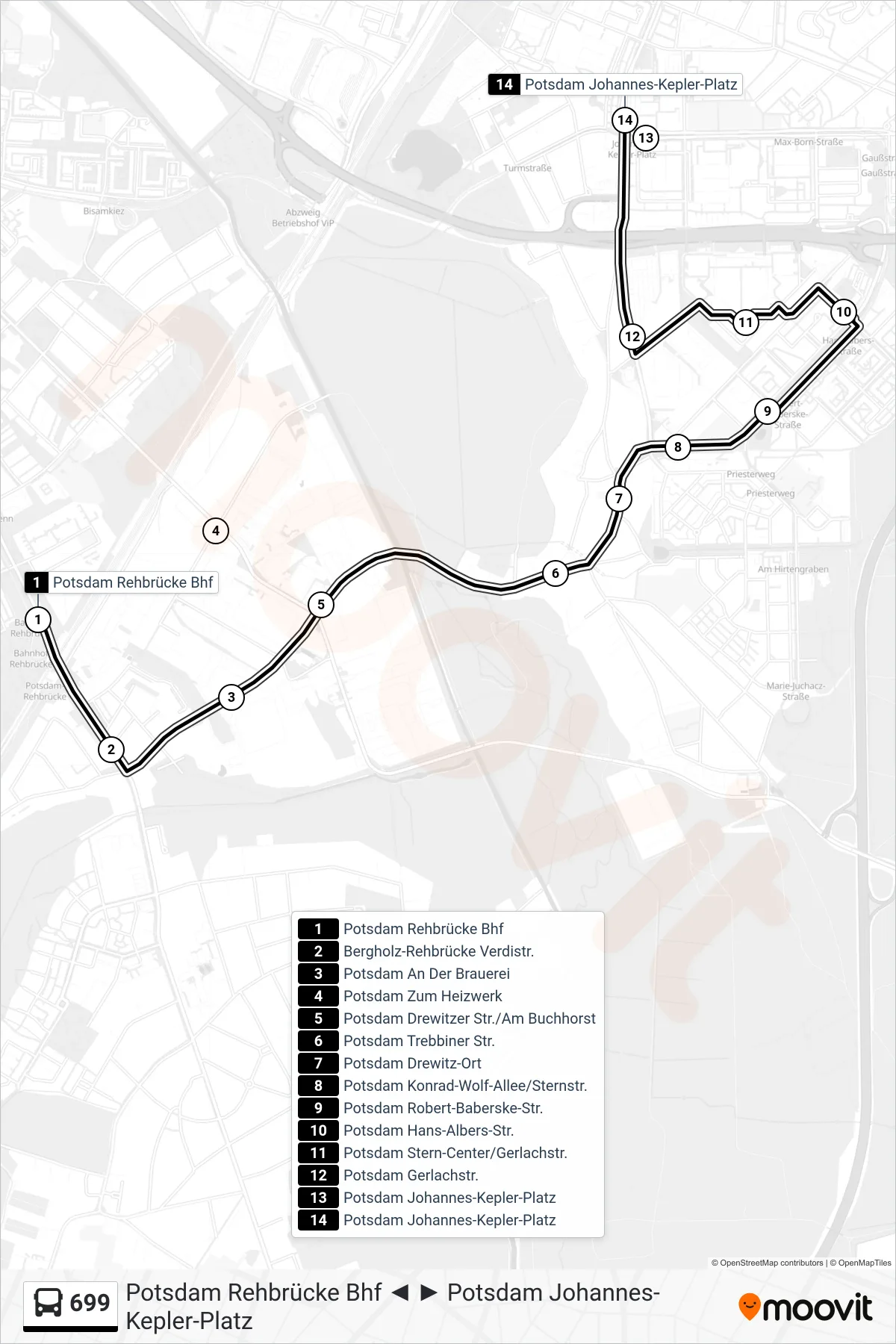 Linie 699 (Bus) Richtung Potsdam Johannes-Kepler-Platz: Route und Haltestellen auf der Karte