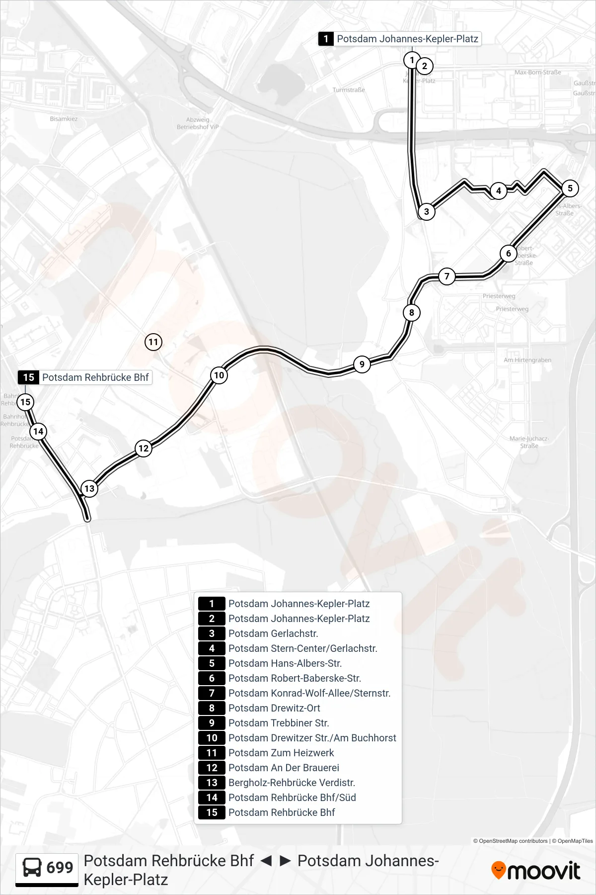 Linie 699 (Bus) Richtung Potsdam Rehbrücke Bhf: Route und Haltestellen auf der Karte
