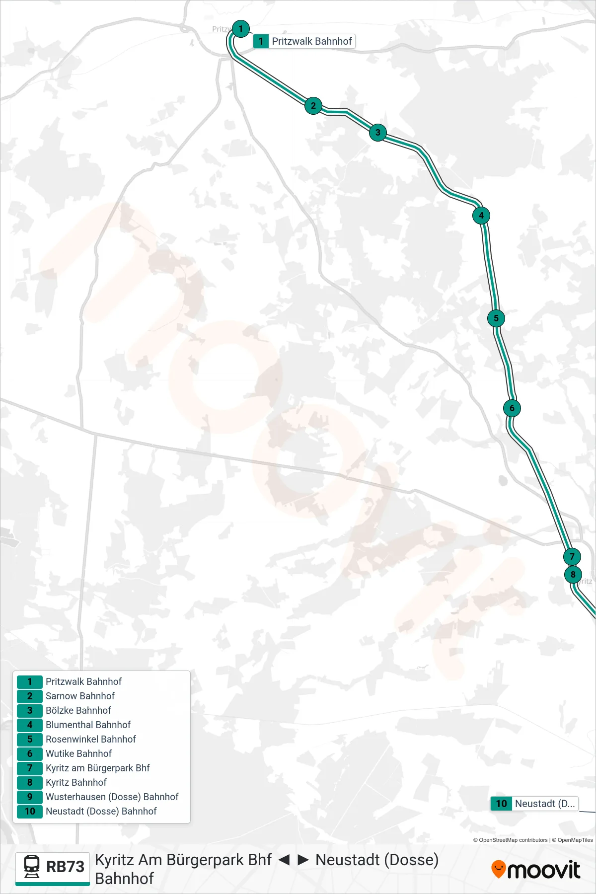 Linie RB73 (Bahn) Richtung Neustadt (Dosse) Bahnhof: Route und Haltestellen auf der Karte