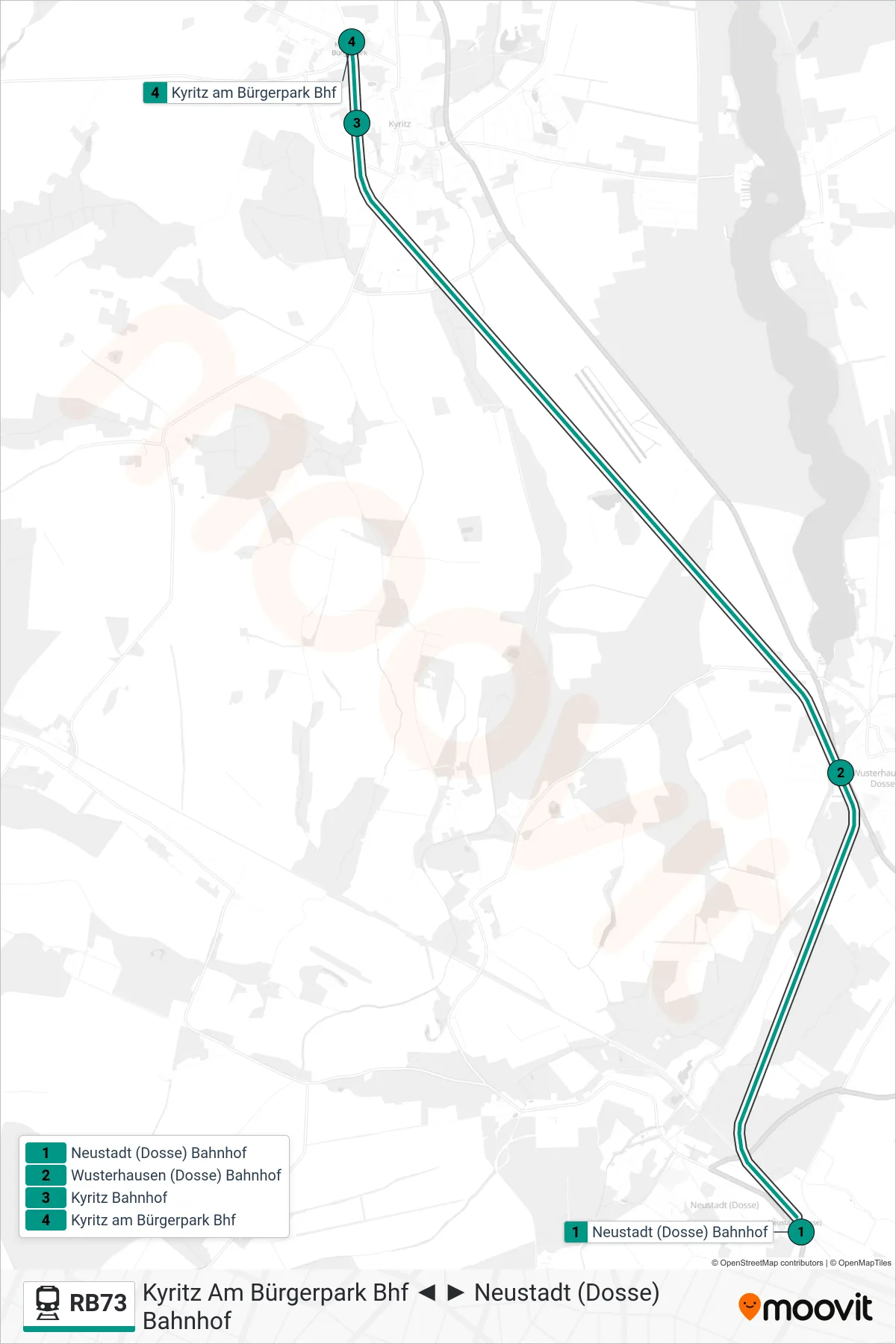 RB73 rail Line (Kyritz am Bürgerpark Bhf) route and stops on a map