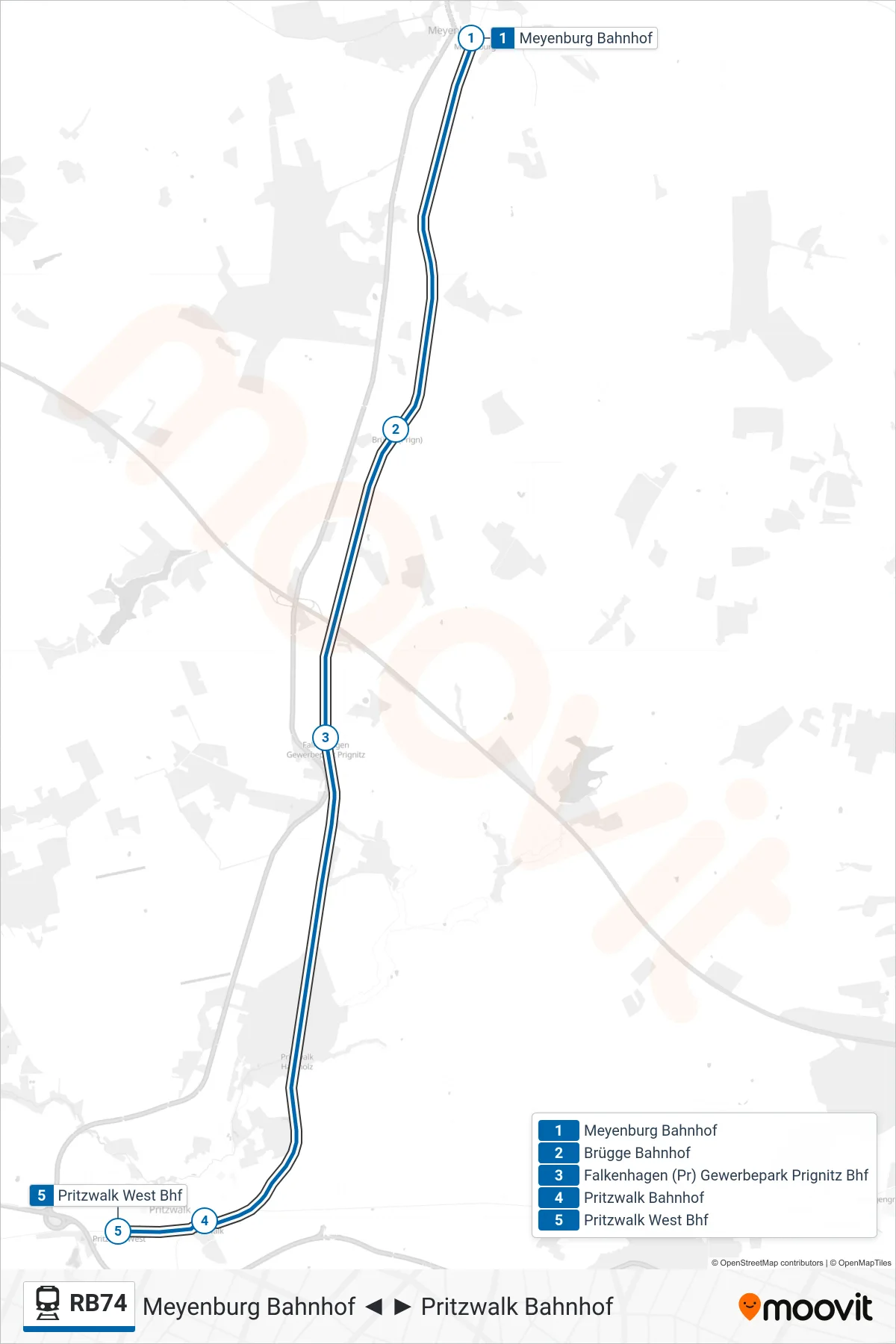 Linie RB74 (Bahn) Richtung Pritzwalk West Bhf: Route und Haltestellen auf der Karte