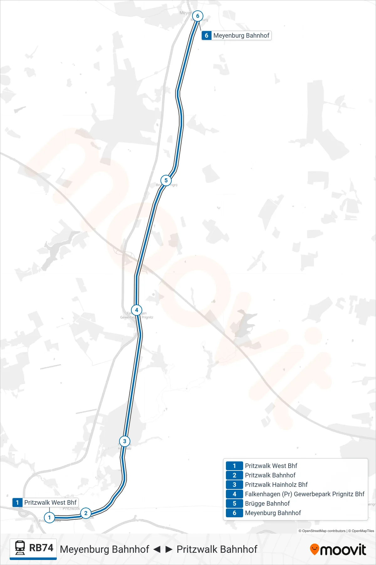 Linie RB74 (Bahn) Richtung Meyenburg Bahnhof: Route und Haltestellen auf der Karte