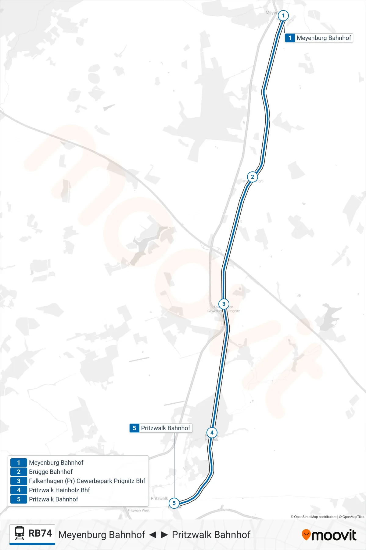 Linie RB74 (Bahn) Richtung Pritzwalk Bahnhof: Route und Haltestellen auf der Karte
