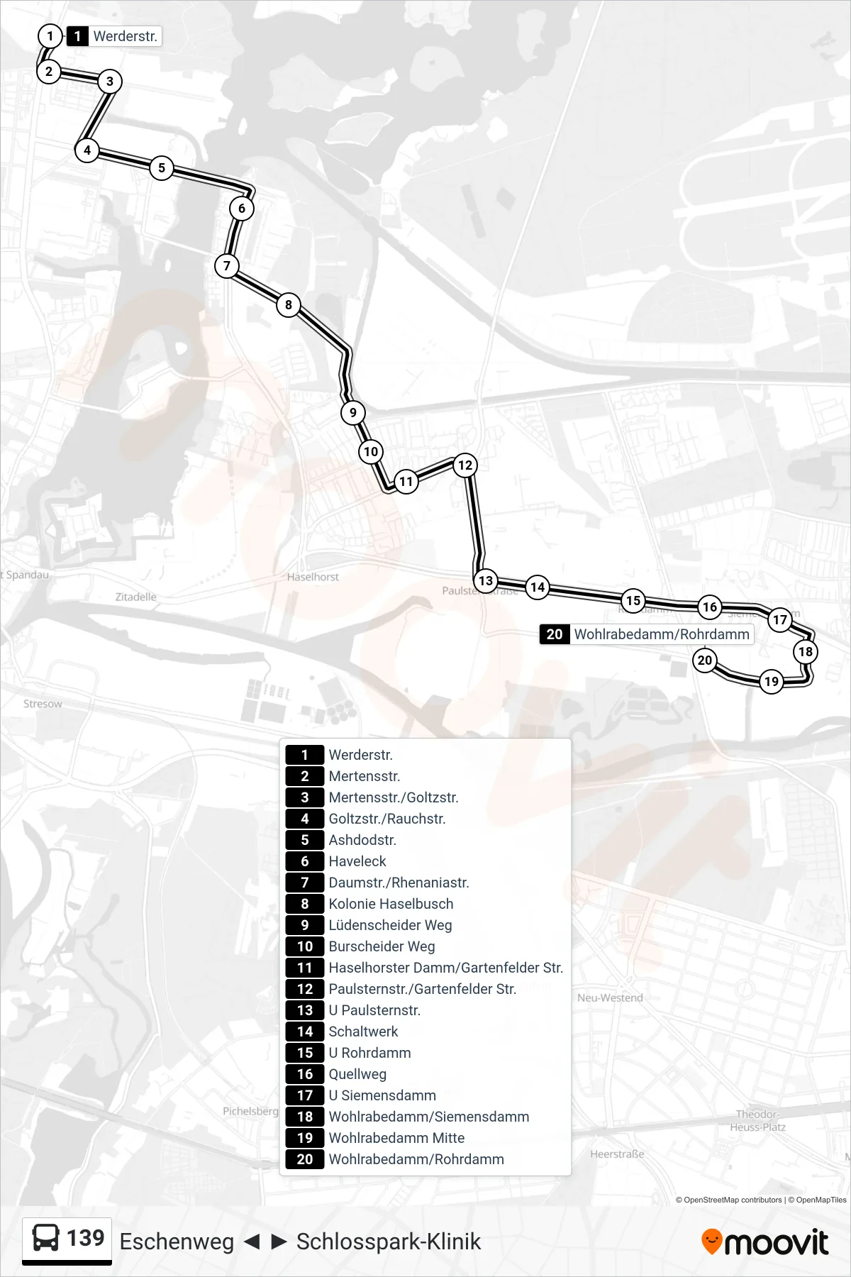 Linie 139 (Bus) Richtung Wohlrabedamm/Rohrdamm: Route und Haltestellen auf der Karte