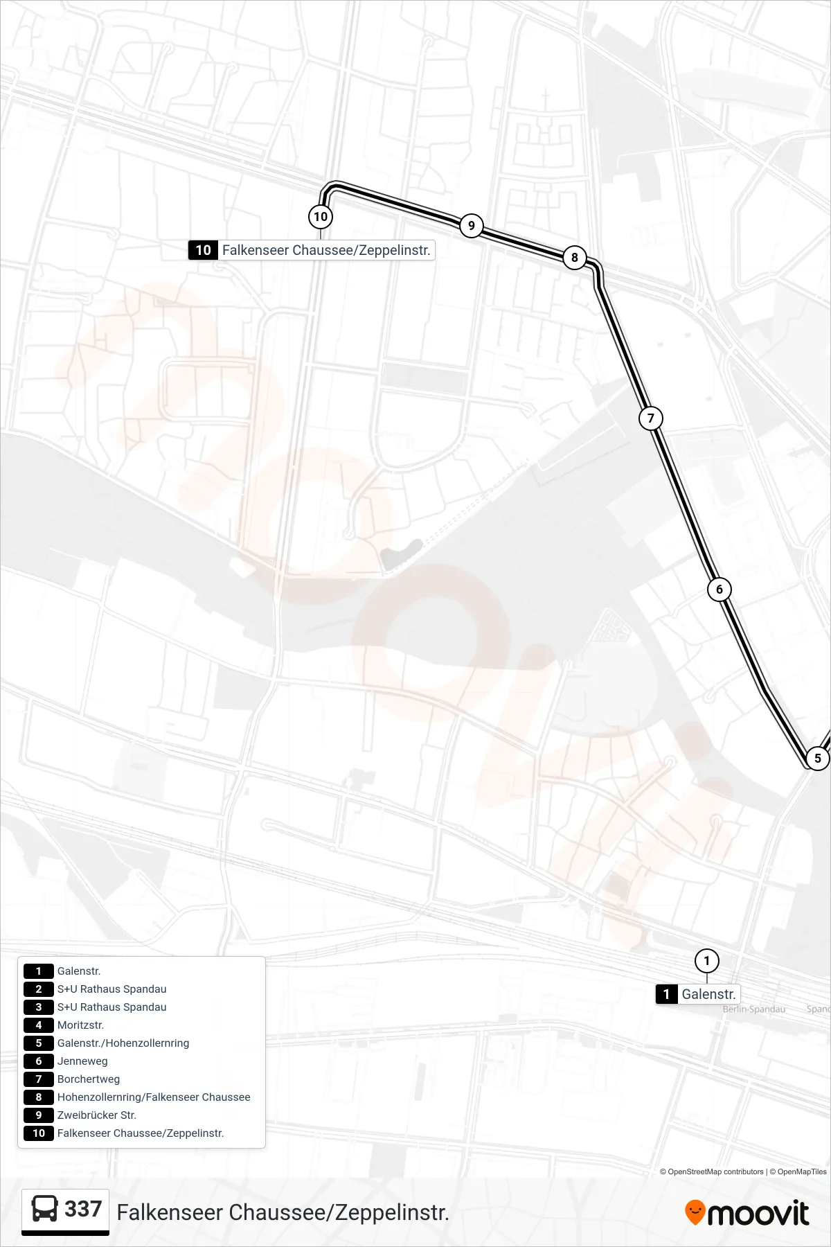 Linie 337 (Bus) Richtung Falkenseer Chaussee/Zeppelinstr.: Route und Haltestellen auf der Karte