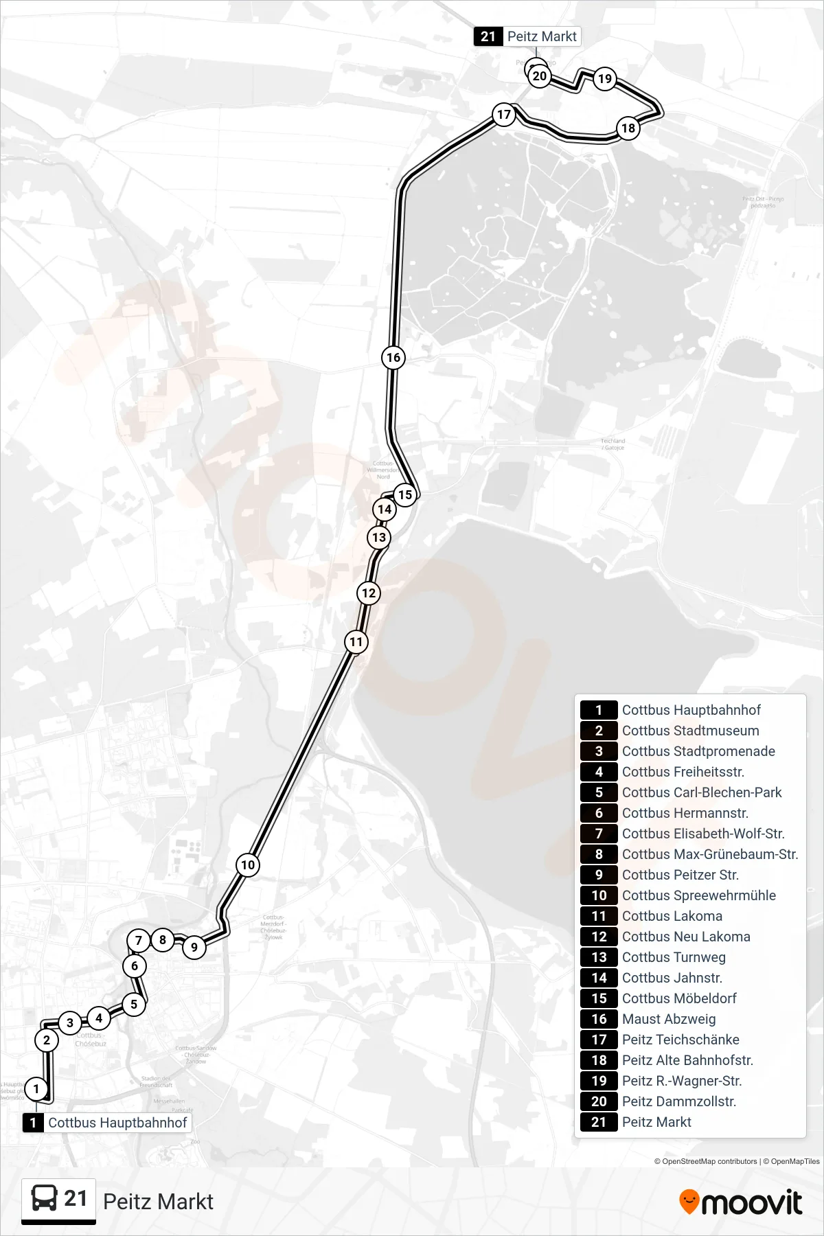 Linie 21 (Bus) Richtung Peitz Markt: Route und Haltestellen auf der Karte