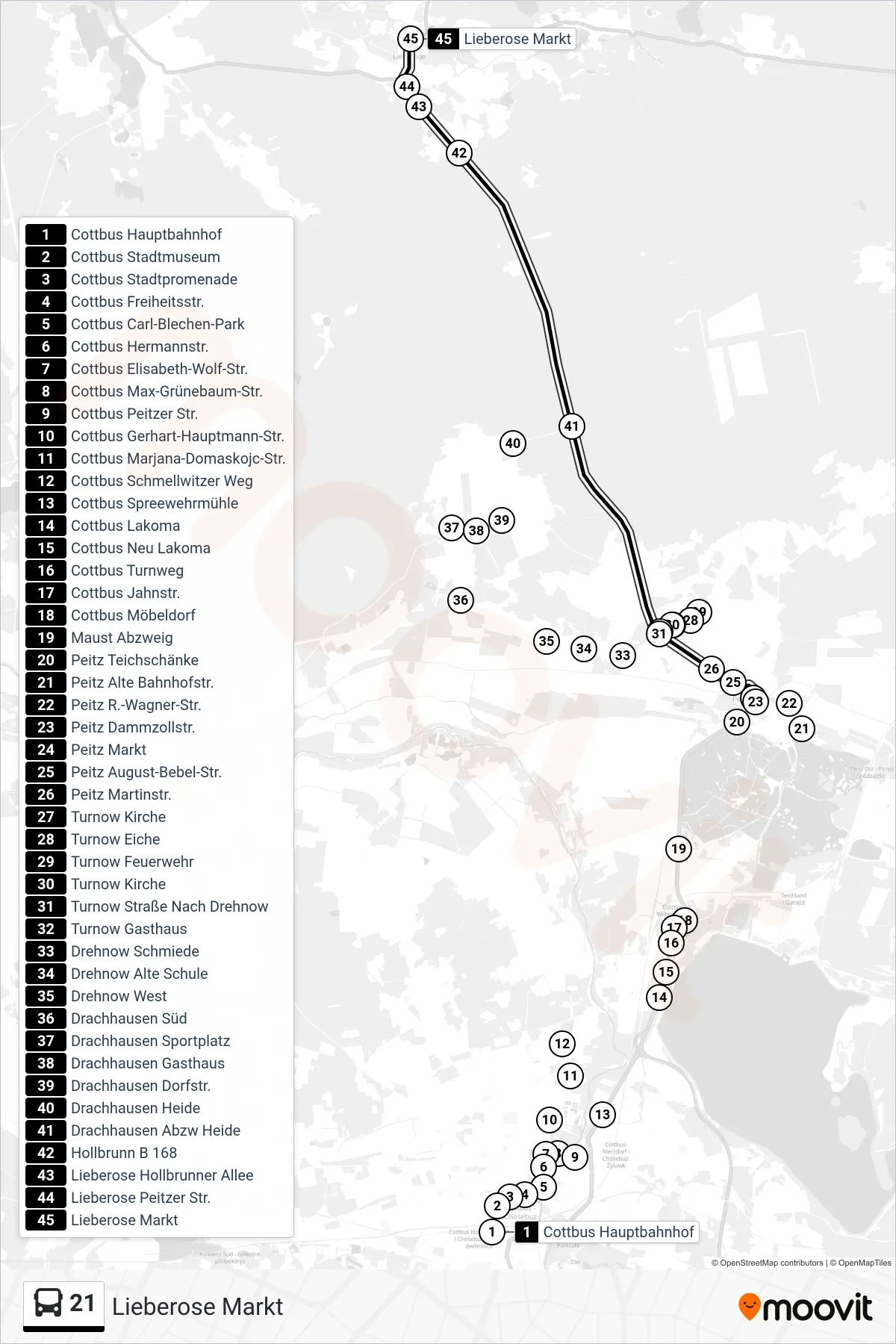 Linie 21 (Bus) Richtung Lieberose Markt: Route und Haltestellen auf der Karte