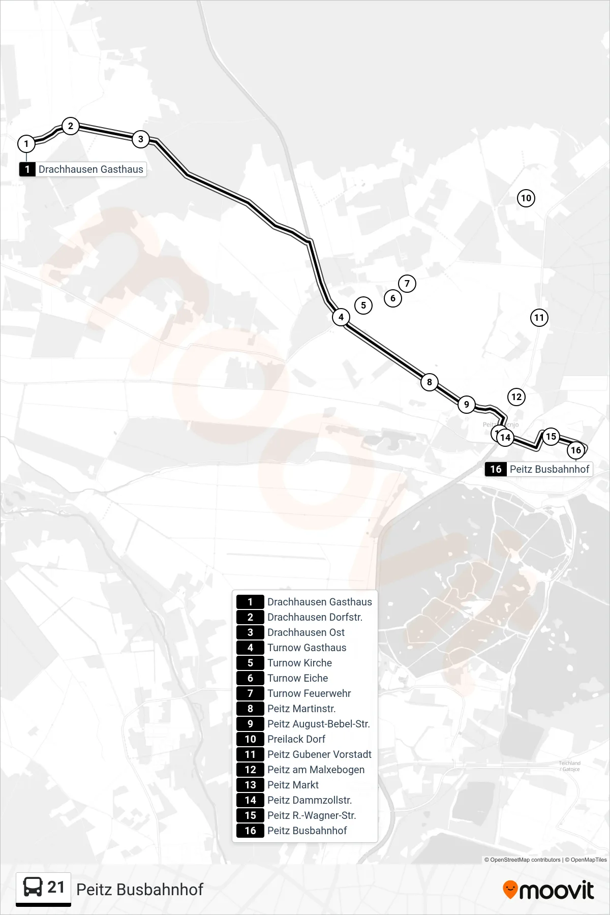 Linie 21 (Bus) Richtung Peitz Busbahnhof: Route und Haltestellen auf der Karte