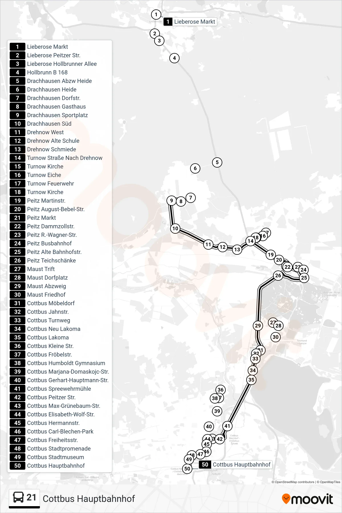 Linie 21 (Bus) Richtung Cottbus Hauptbahnhof: Route und Haltestellen auf der Karte