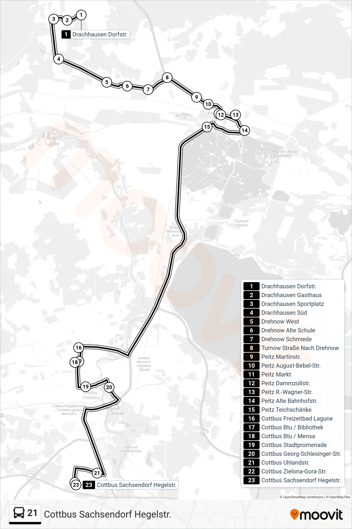 Linie 21 (Bus) Richtung Cottbus Sachsendorf Hegelstr.: Route und Haltestellen auf der Karte