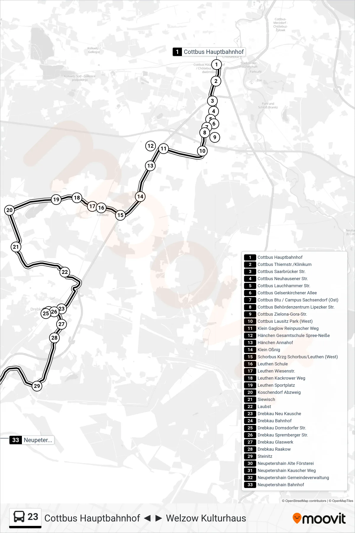 Linie 23 (Bus) Richtung Neupetershain Bahnhof: Route und Haltestellen auf der Karte