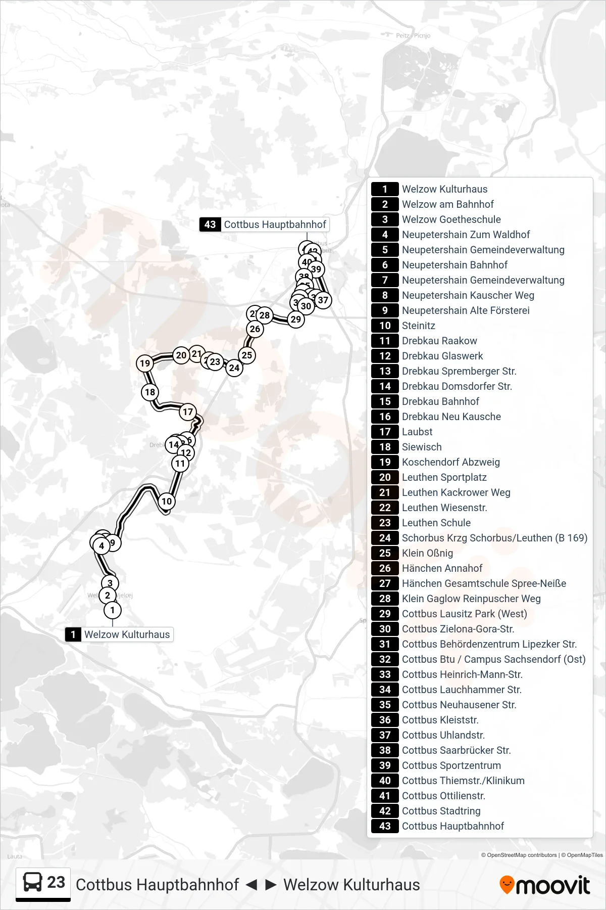 Linie 23 (Bus) Richtung Cottbus Hauptbahnhof: Route und Haltestellen auf der Karte