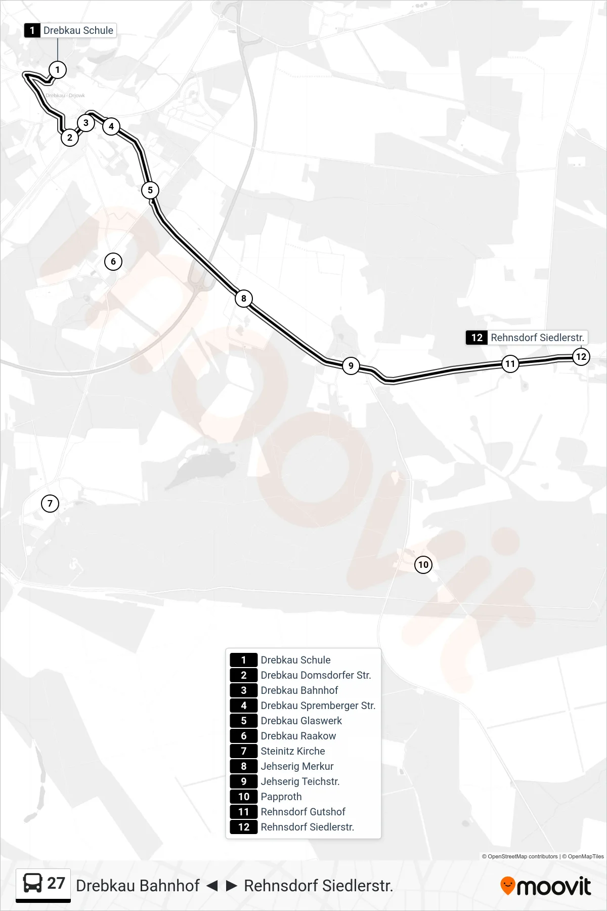 Linie 27 (Bus) Richtung Rehnsdorf Siedlerstr.: Route und Haltestellen auf der Karte