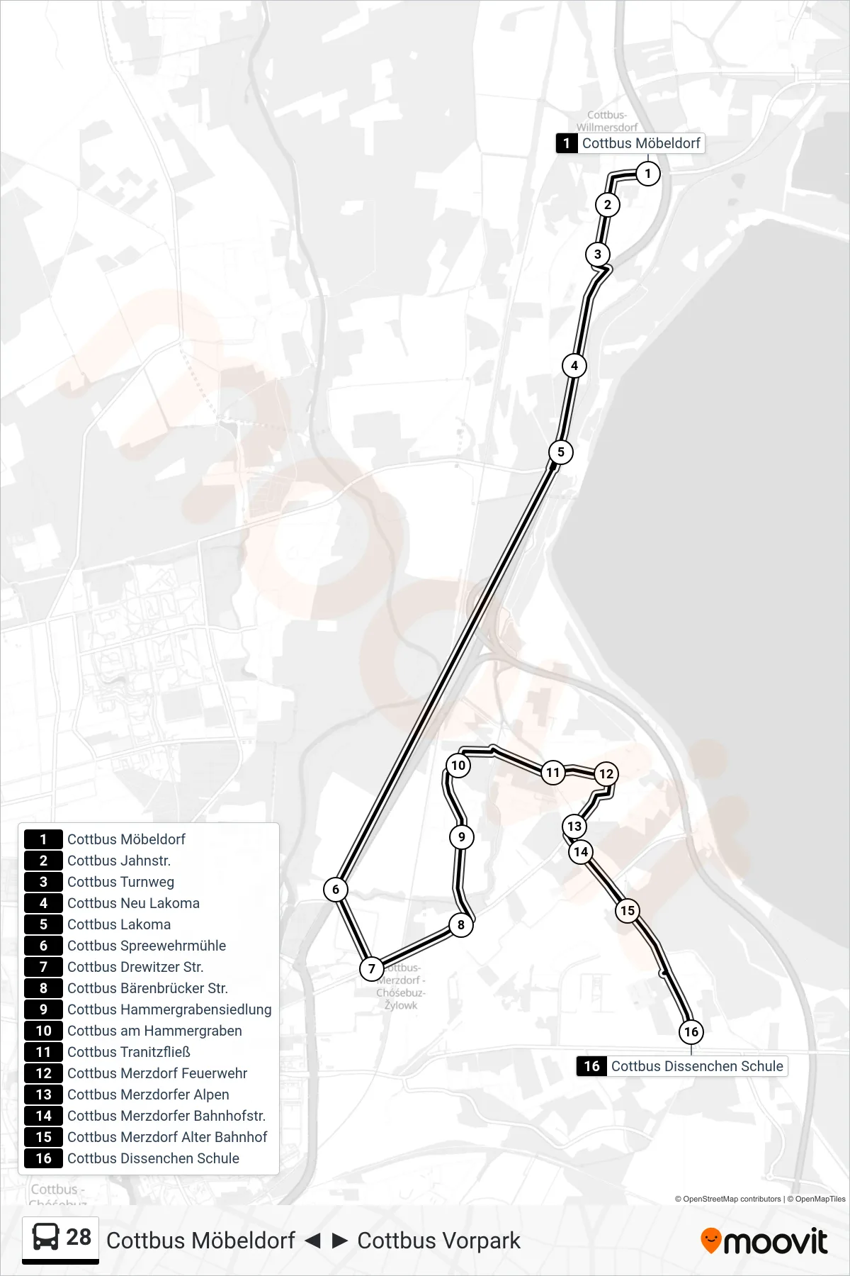 28 bus Line (Cottbus Dissenchen Schule) route and stops on a map