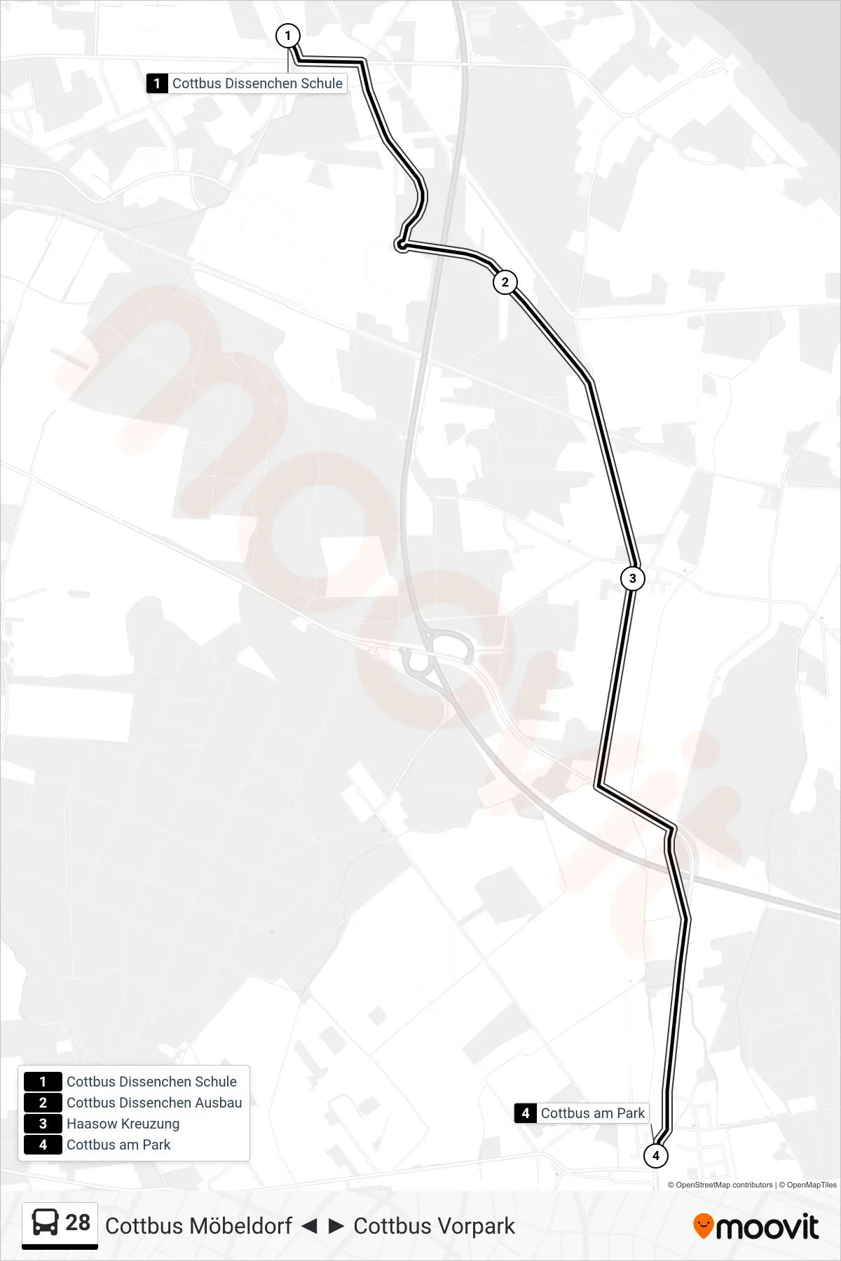Linie 28 (Bus) Richtung Cottbus am Park: Route und Haltestellen auf der Karte