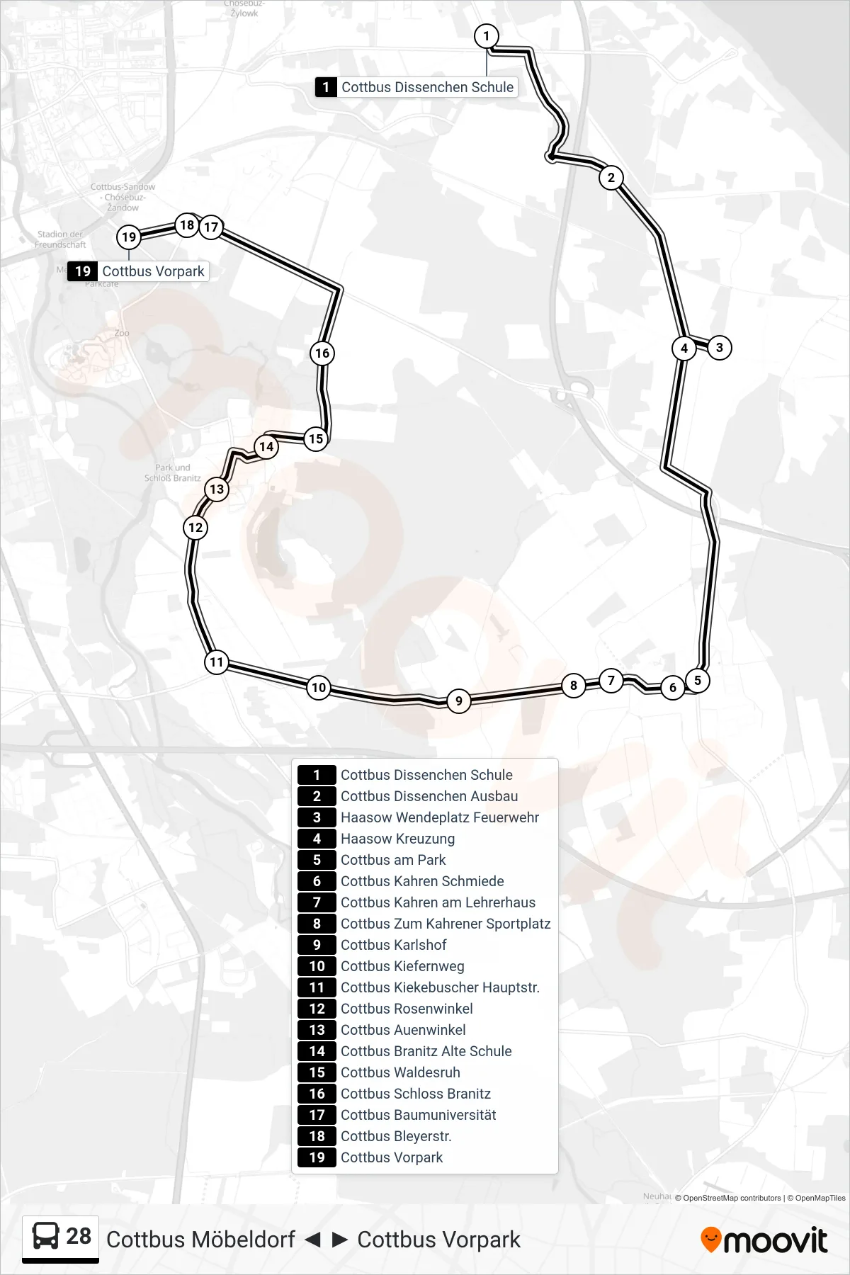 Linie 28 (Bus) Richtung Cottbus Vorpark: Route und Haltestellen auf der Karte