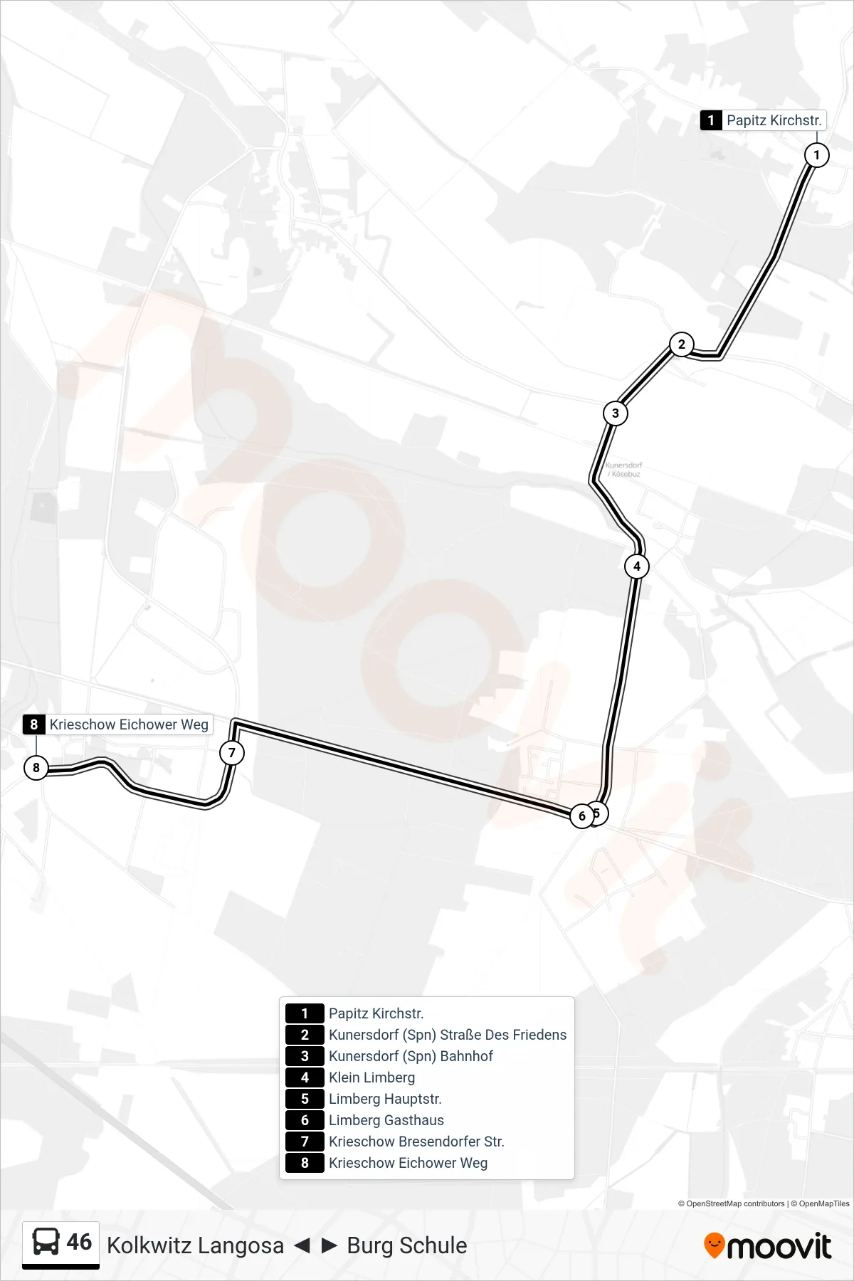 Linie 46 (Bus) Richtung Krieschow Eichower Weg: Route und Haltestellen auf der Karte