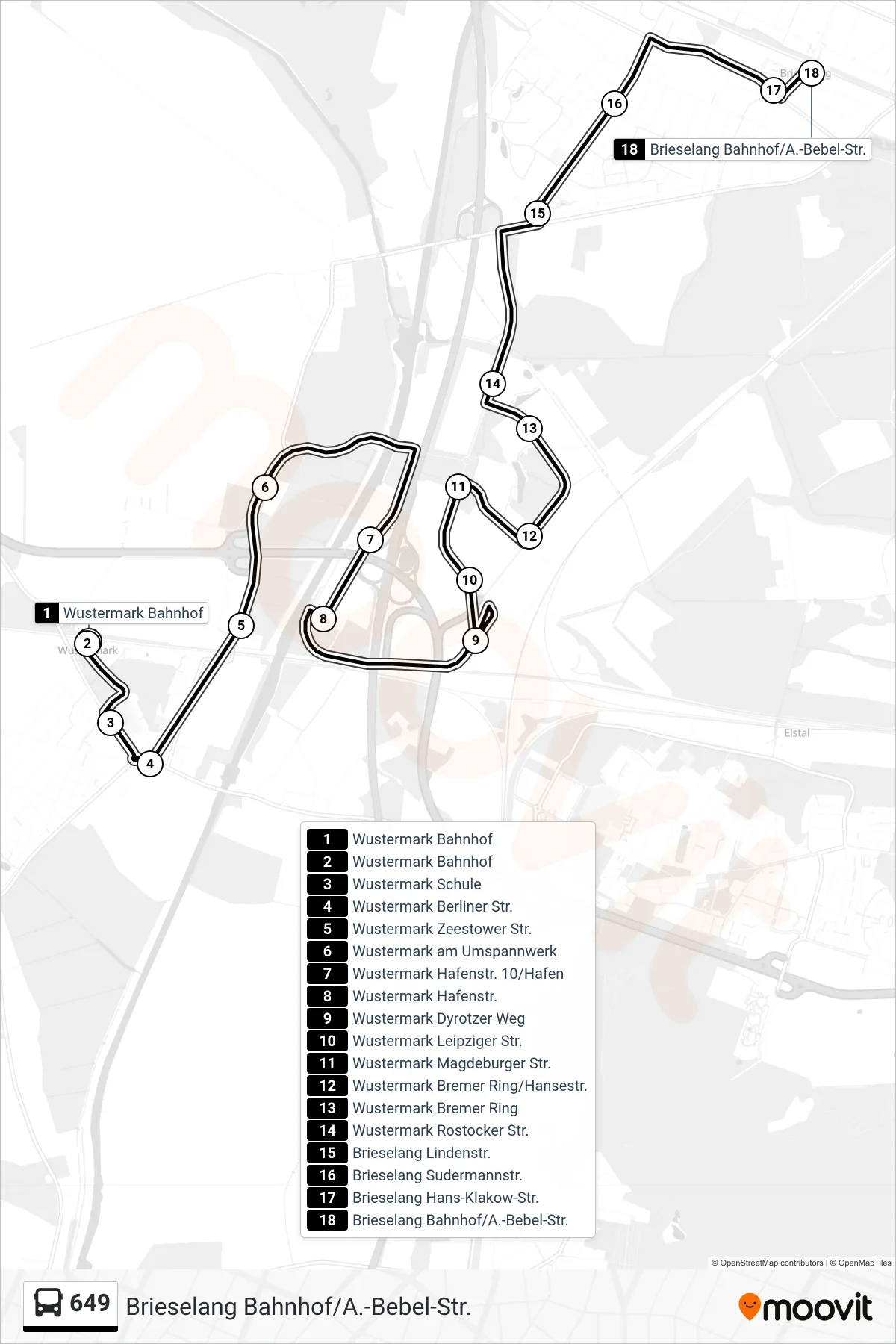 649 bus Line (Brieselang Bahnhof/A.-Bebel-Str.) route and stops on a map
