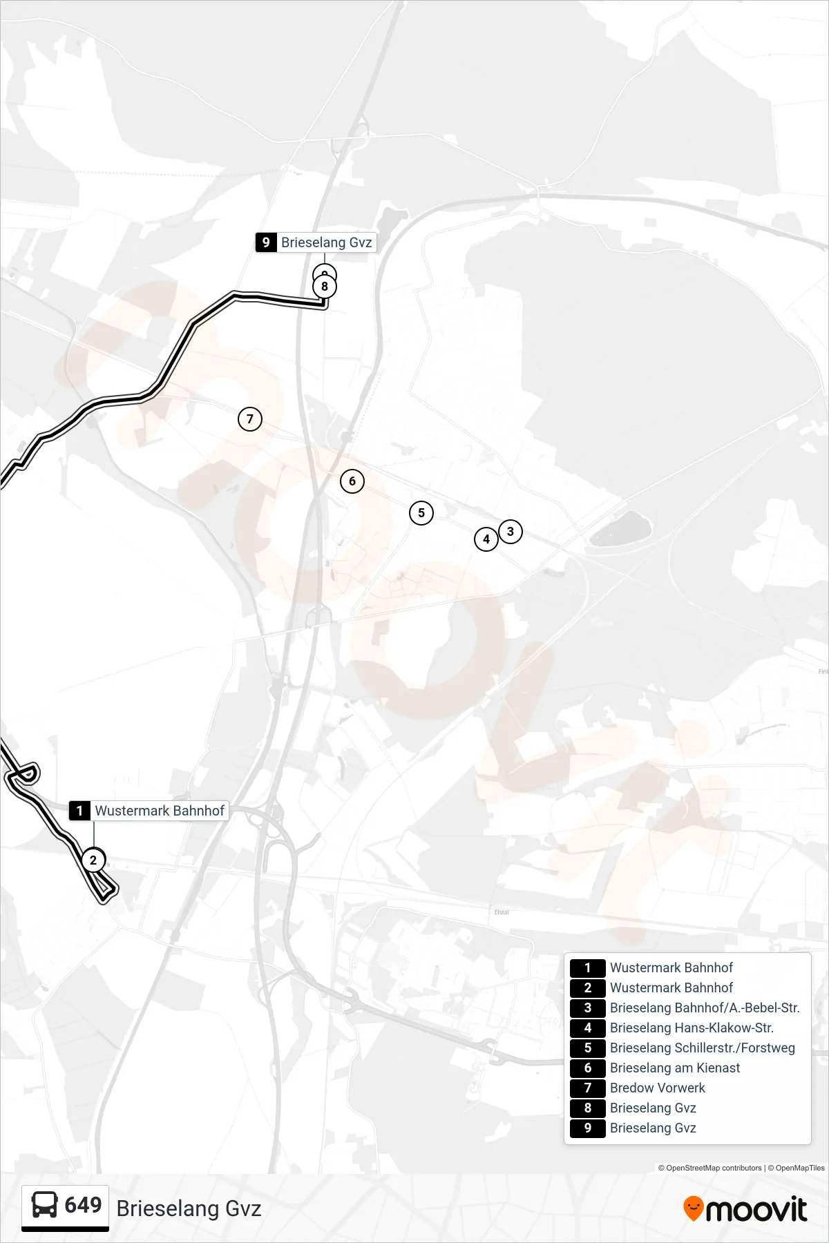 649 bus Line (Brieselang Gvz) route and stops on a map