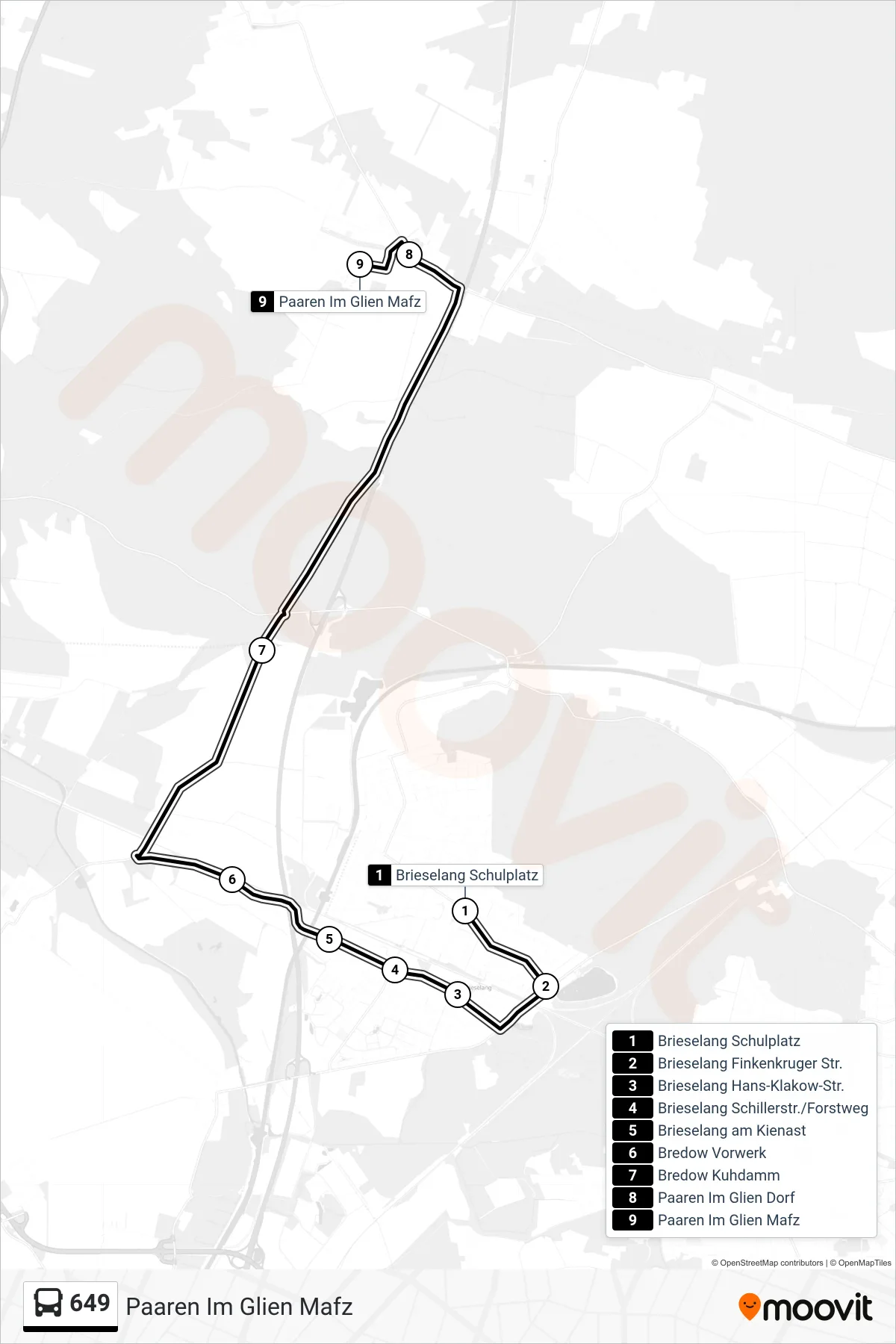 649 bus Line (Paaren Im Glien Mafz) route and stops on a map
