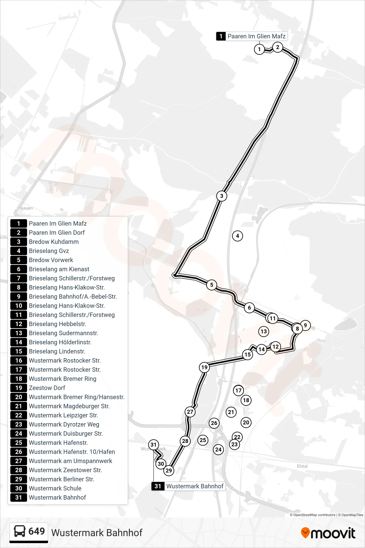Linie 649 (Bus) Richtung Wustermark Bahnhof: Route und Haltestellen auf der Karte