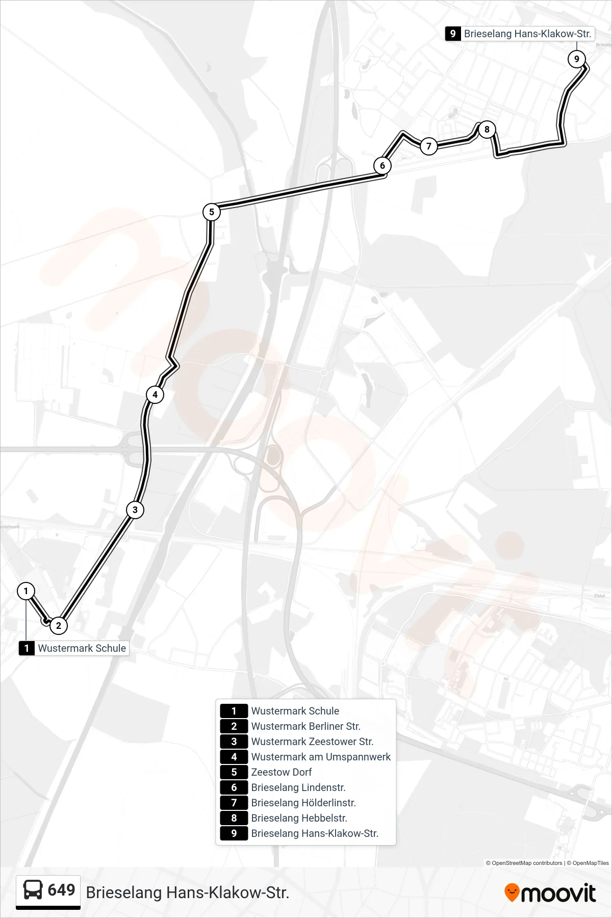 Linie 649 (Bus) Richtung Brieselang Hans-Klakow-Str.: Route und Haltestellen auf der Karte
