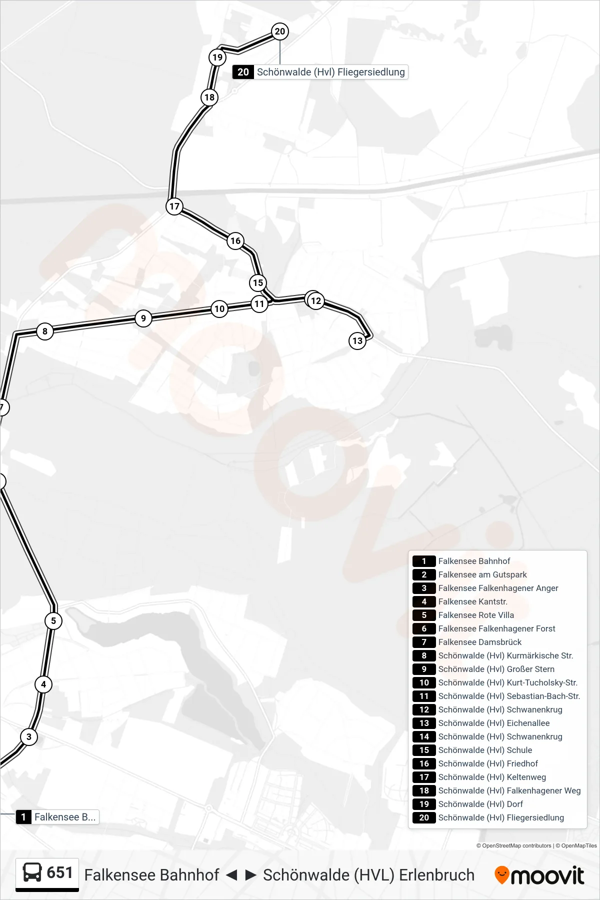 Linie 651 (Bus) Richtung Schönwalde (Hvl) Fliegersiedlung: Route und Haltestellen auf der Karte