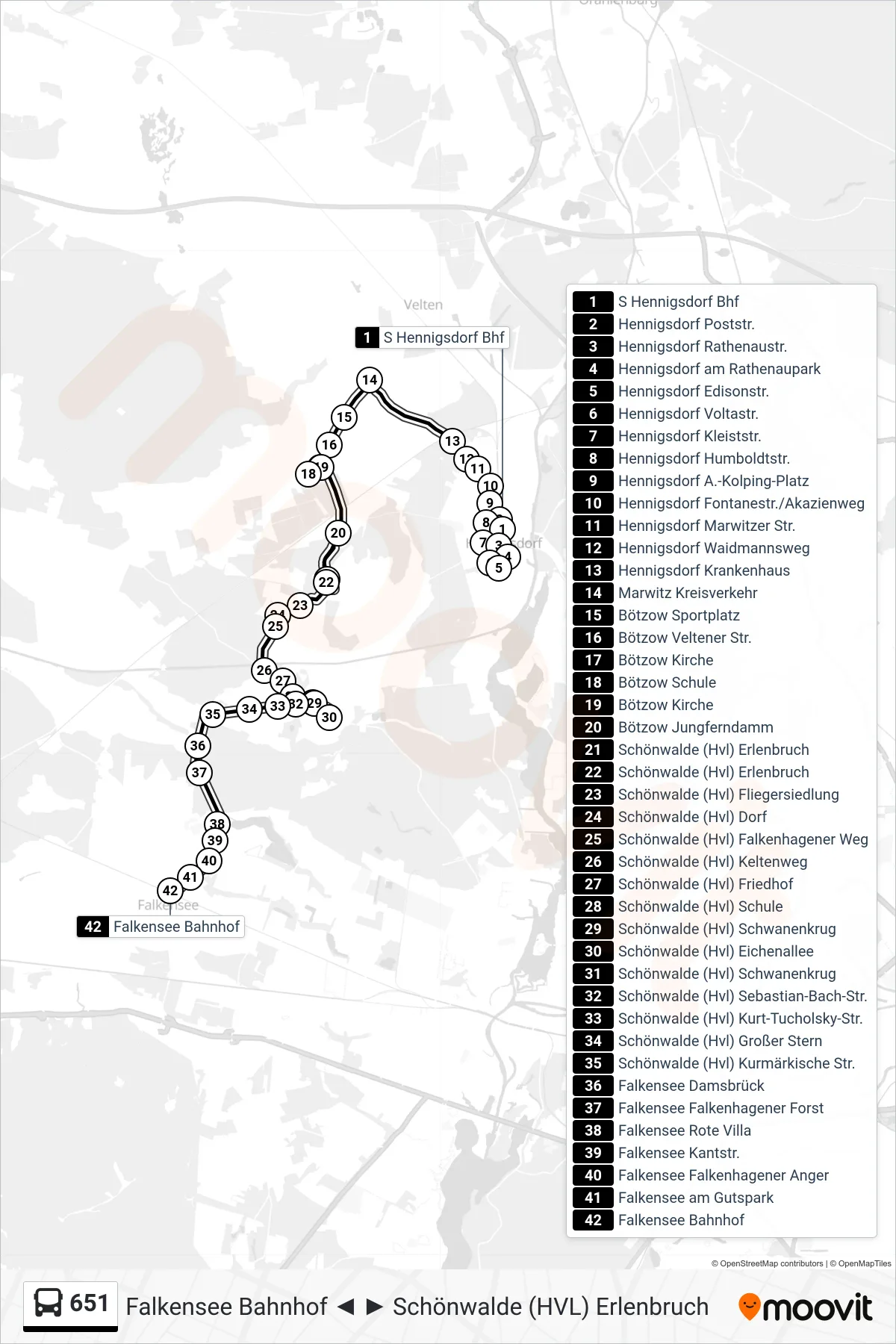 Linie 651 (Bus) Richtung Falkensee Bahnhof: Route und Haltestellen auf der Karte