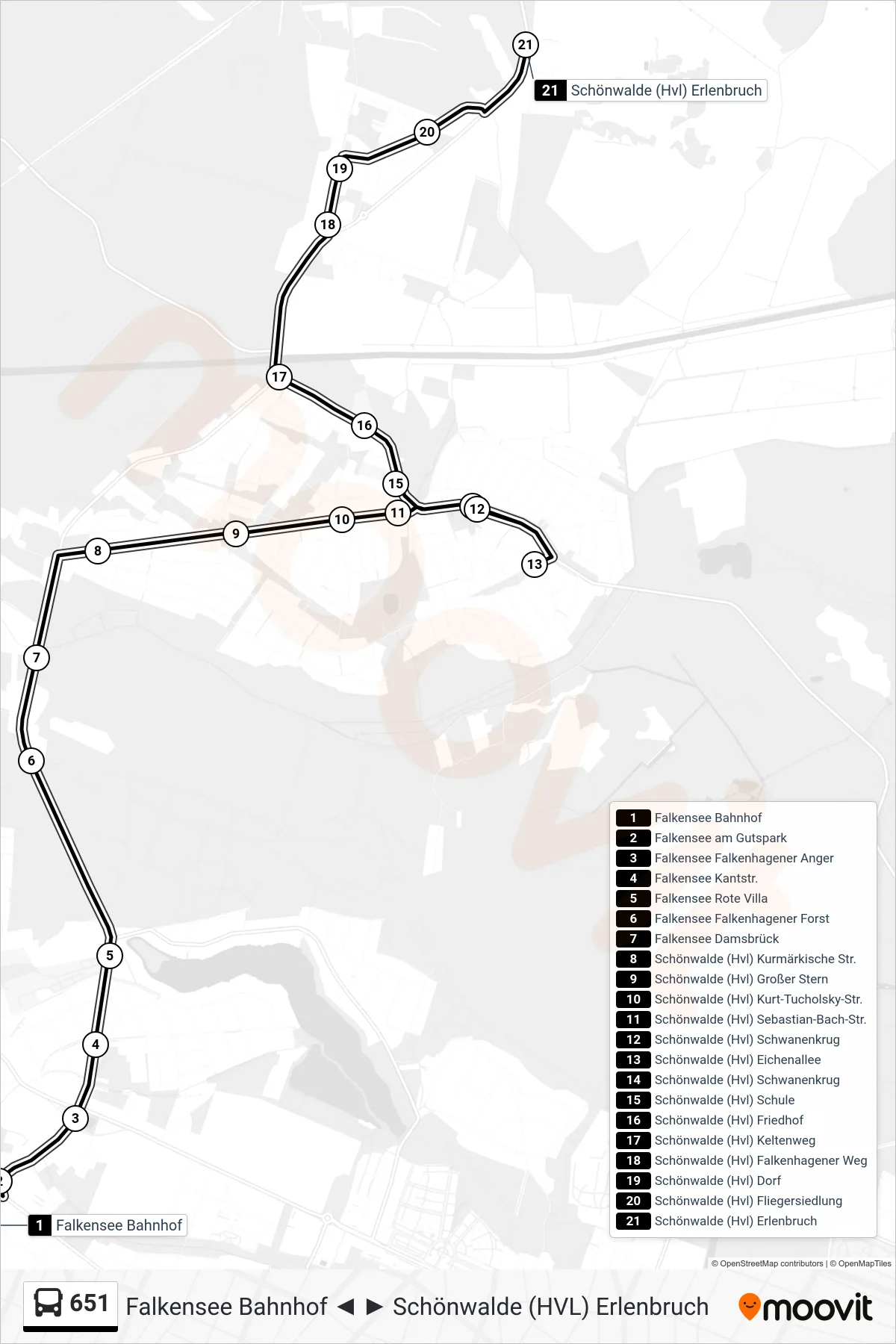 Linie 651 (Bus) Richtung Schönwalde (Hvl) Erlenbruch: Route und Haltestellen auf der Karte