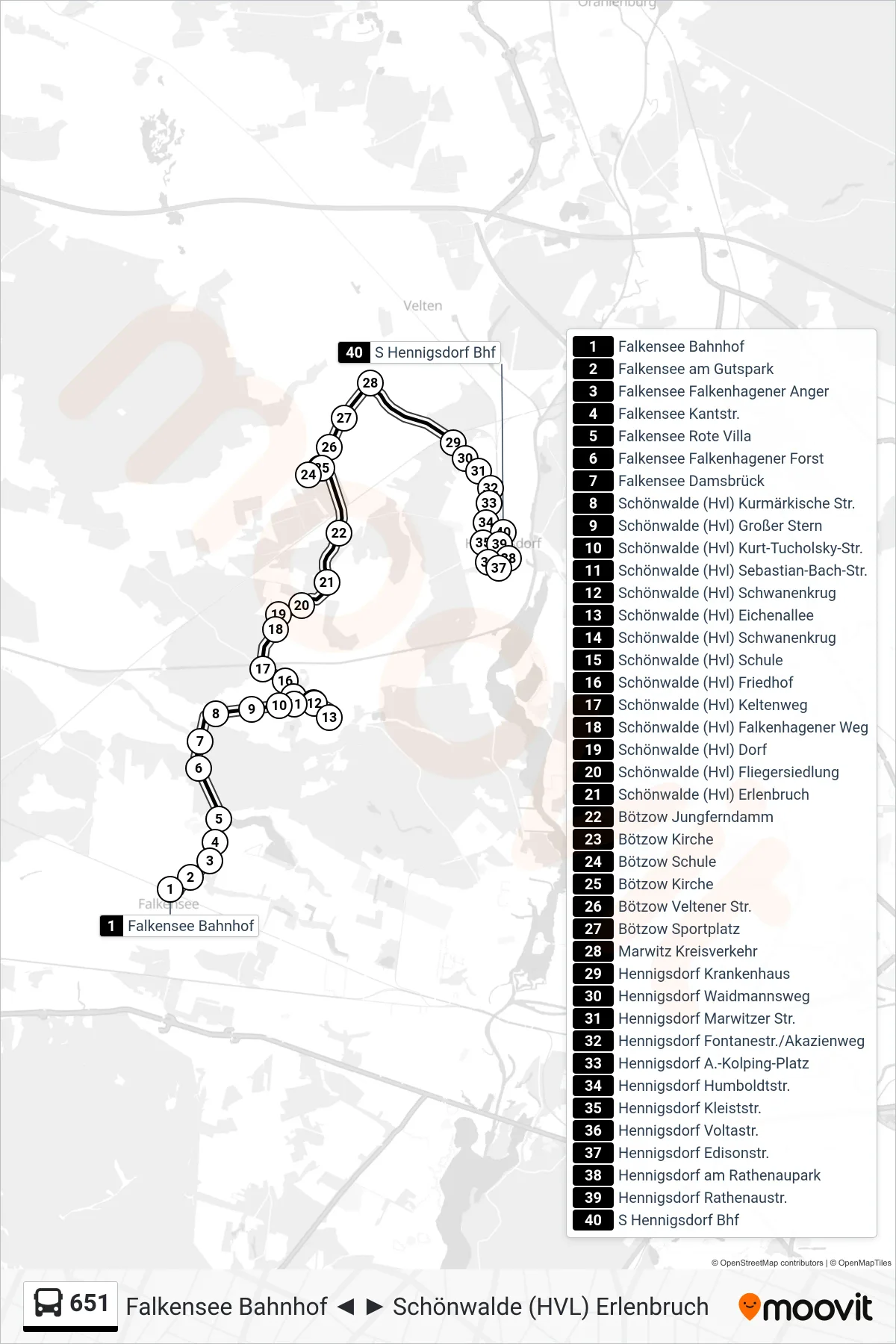 Linie 651 (Bus) Richtung S Hennigsdorf Bhf: Route und Haltestellen auf der Karte
