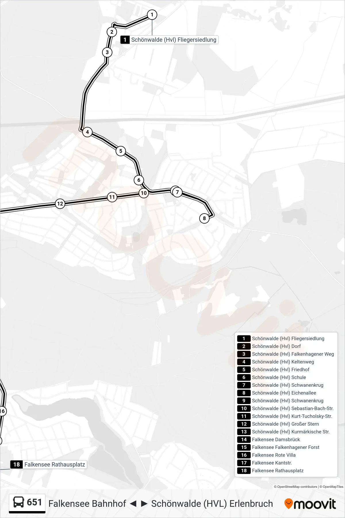 Linie 651 (Bus) Richtung Falkensee Rathausplatz: Route und Haltestellen auf der Karte