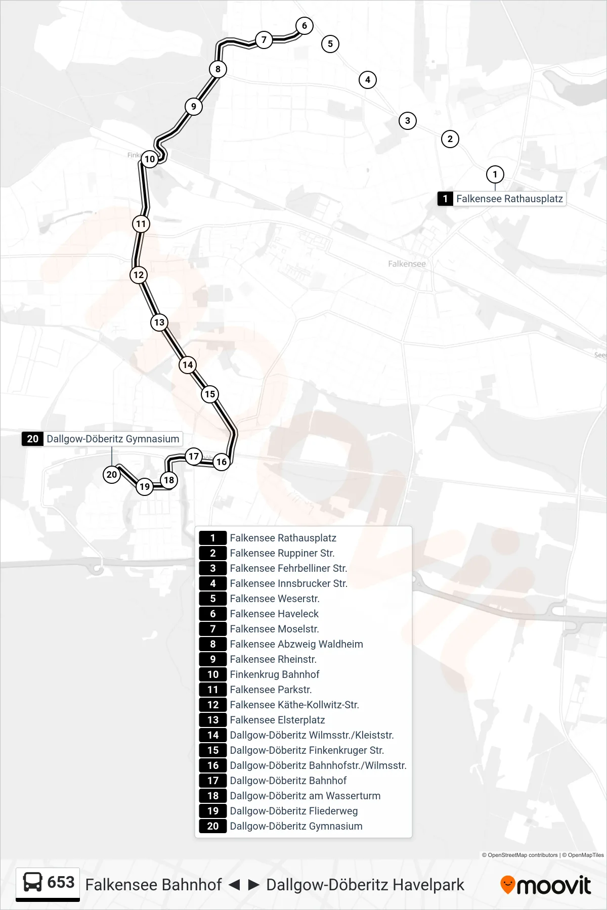 Linie 653 (Bus) Richtung Dallgow-Döberitz Gymnasium: Route und Haltestellen auf der Karte