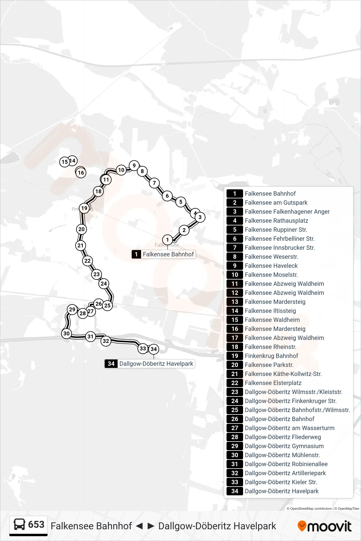 Linie 653 (Bus) Richtung Dallgow-Döberitz Havelpark: Route und Haltestellen auf der Karte