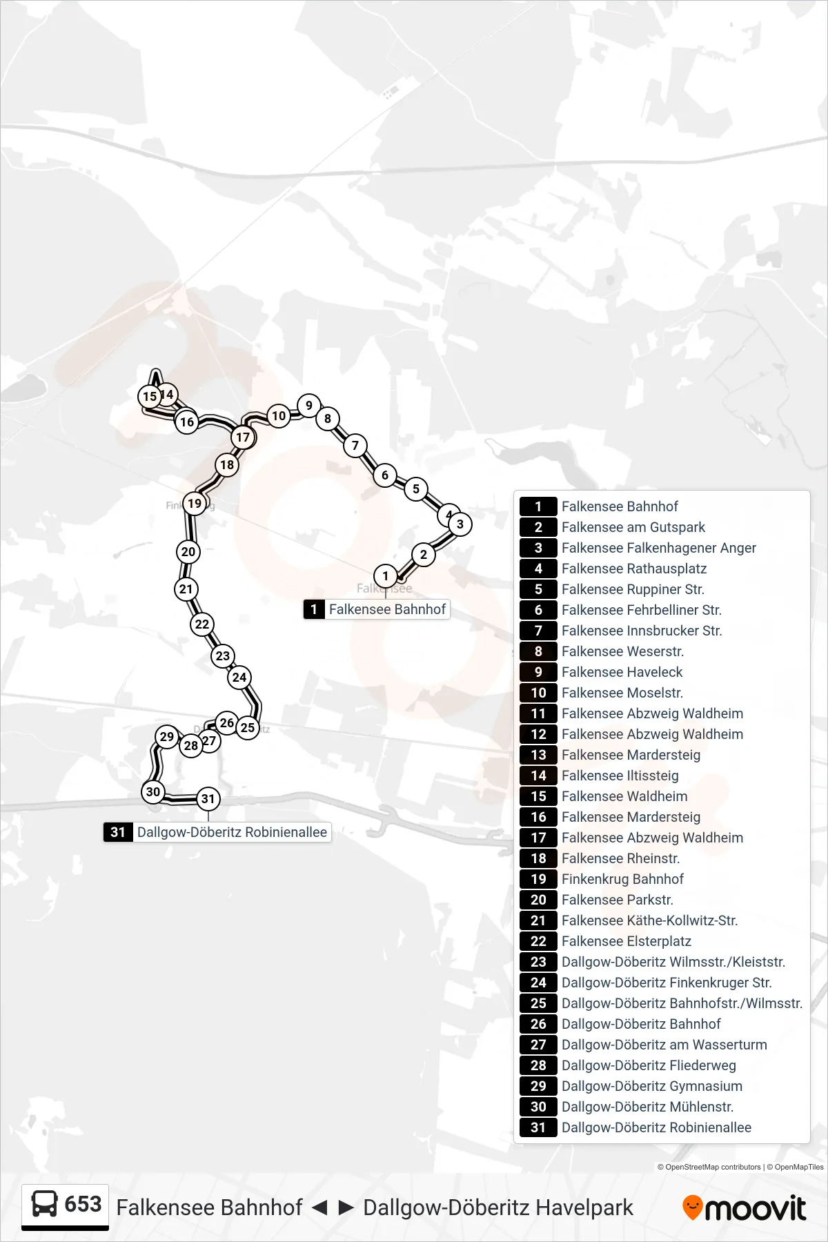 Linie 653 (Bus) Richtung Dallgow-Döberitz Robinienallee: Route und Haltestellen auf der Karte