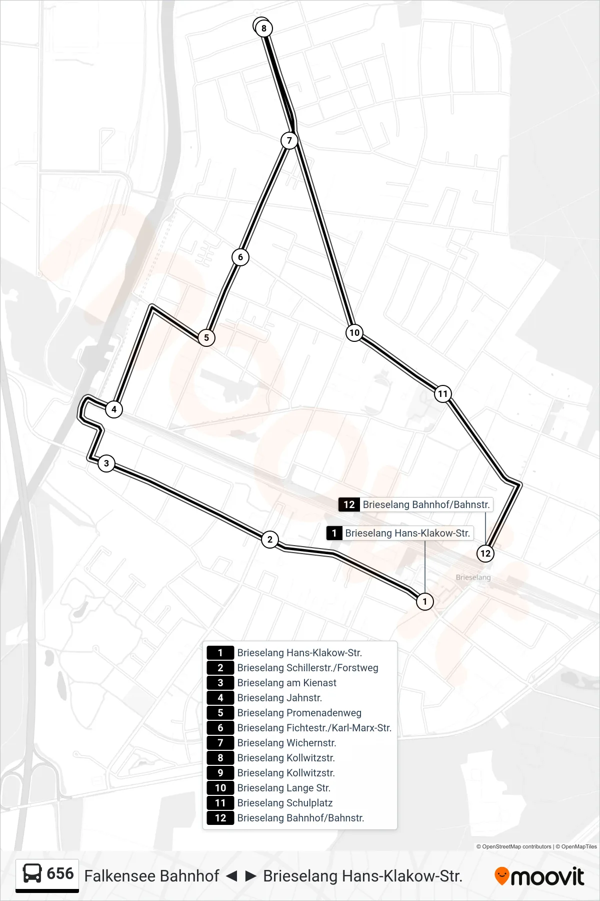 Linie 656 (Bus) Richtung Brieselang Bahnhof/Bahnstr.: Route und Haltestellen auf der Karte