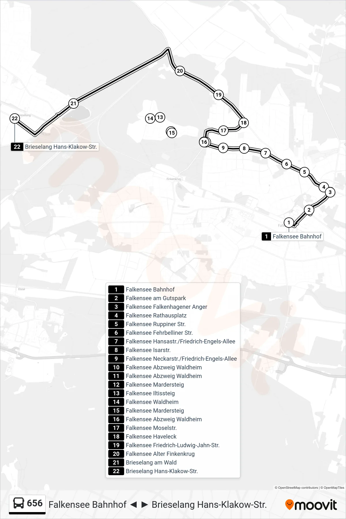 Linie 656 (Bus) Richtung Brieselang Hans-Klakow-Str.: Route und Haltestellen auf der Karte