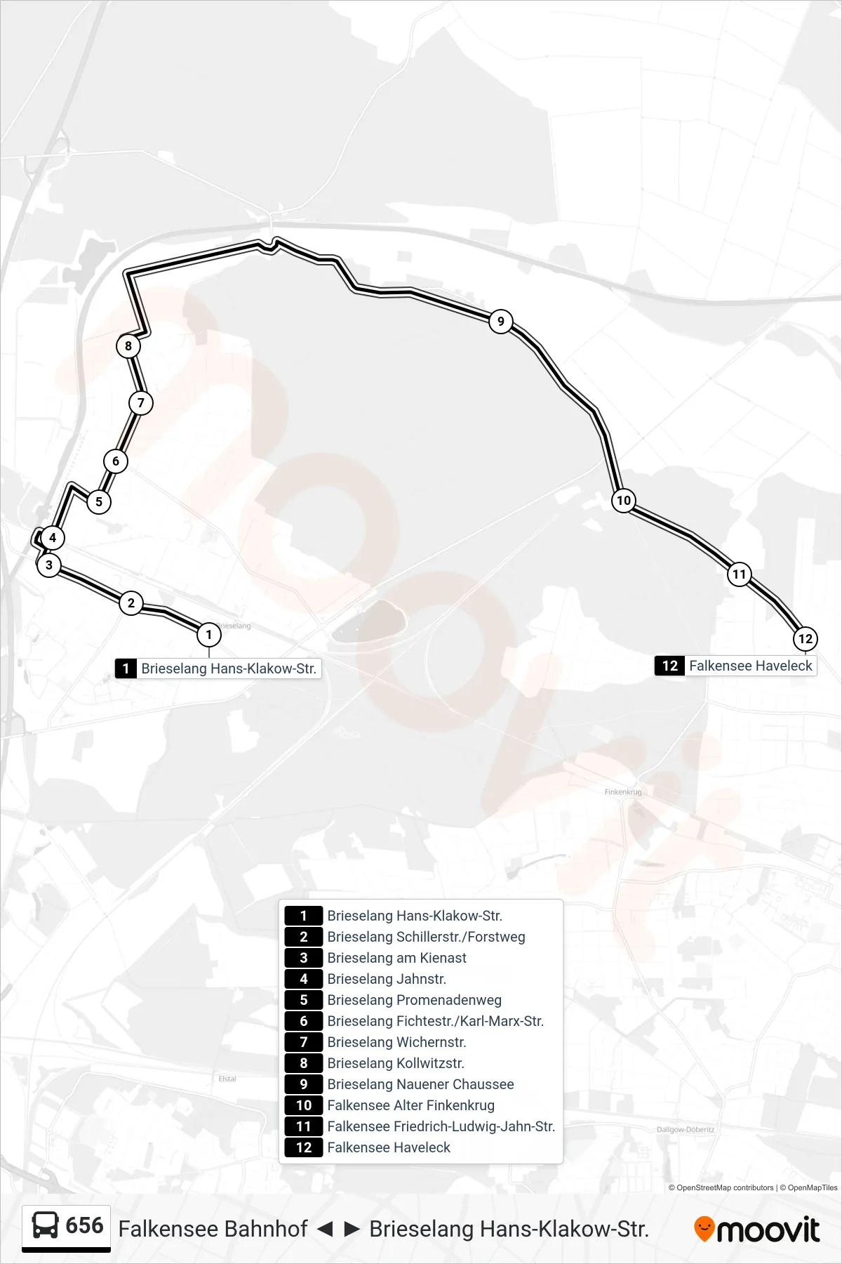 Linie 656 (Bus) Richtung Falkensee Haveleck: Route und Haltestellen auf der Karte